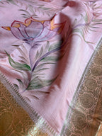 Pure Chiniya Silk Handloom Banarasi Saree With All Over Handpaint