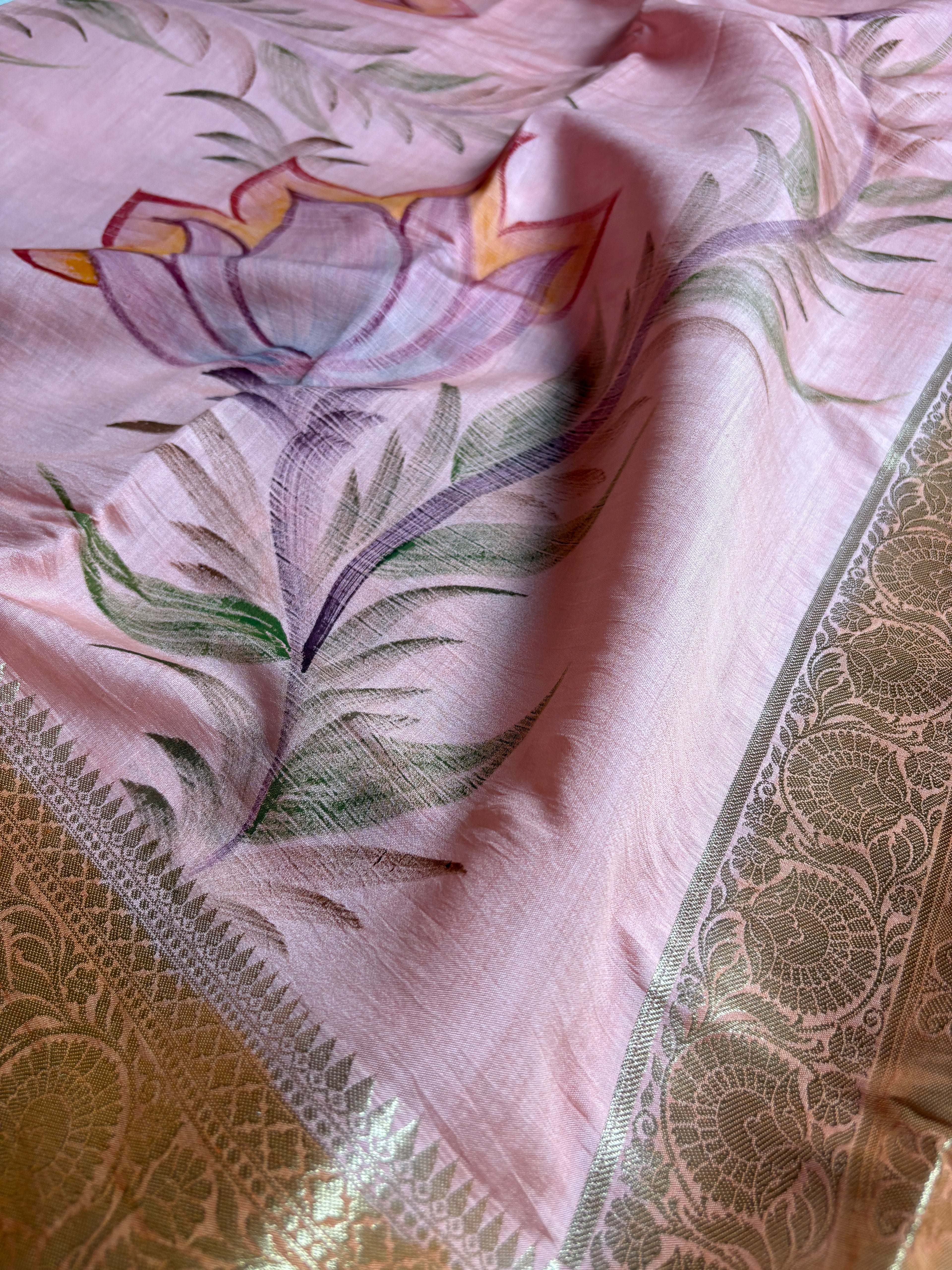 Pure Chiniya Silk Handloom Banarasi Saree With All Over Handpaint