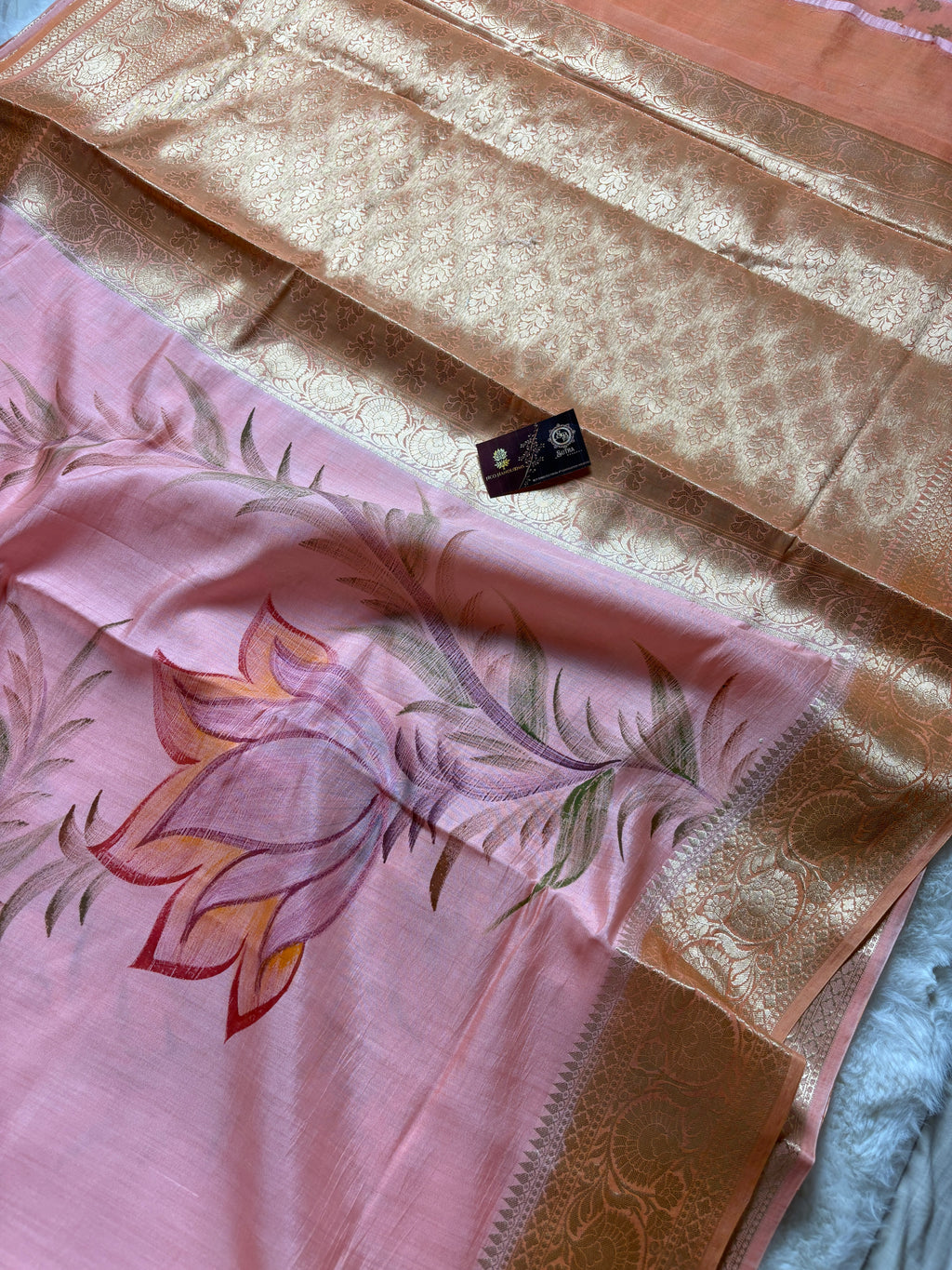 Pure Chiniya Silk Handloom Banarasi Saree With All Over Handpaint