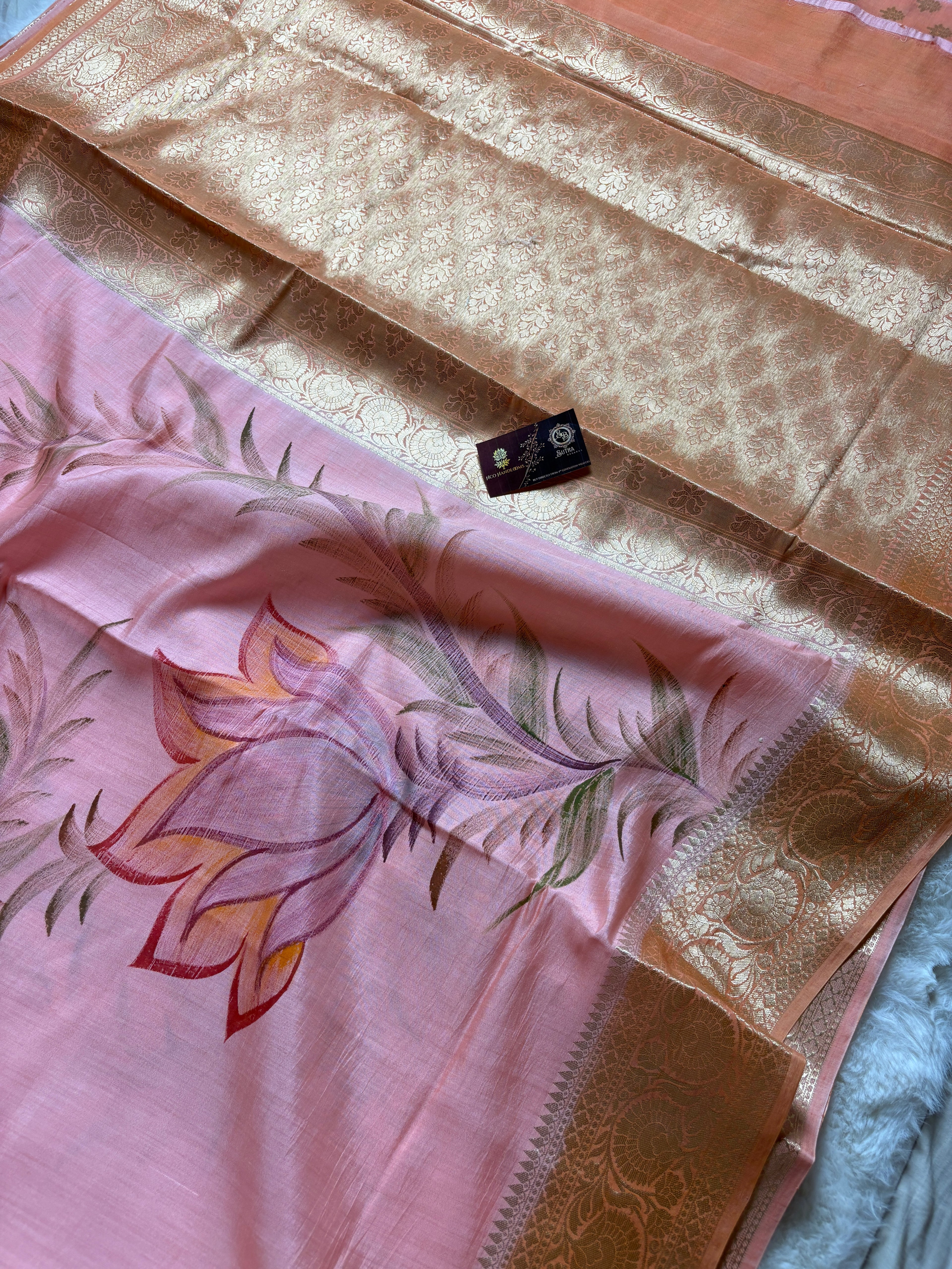 Pure Chiniya Silk Handloom Banarasi Saree With All Over Handpaint