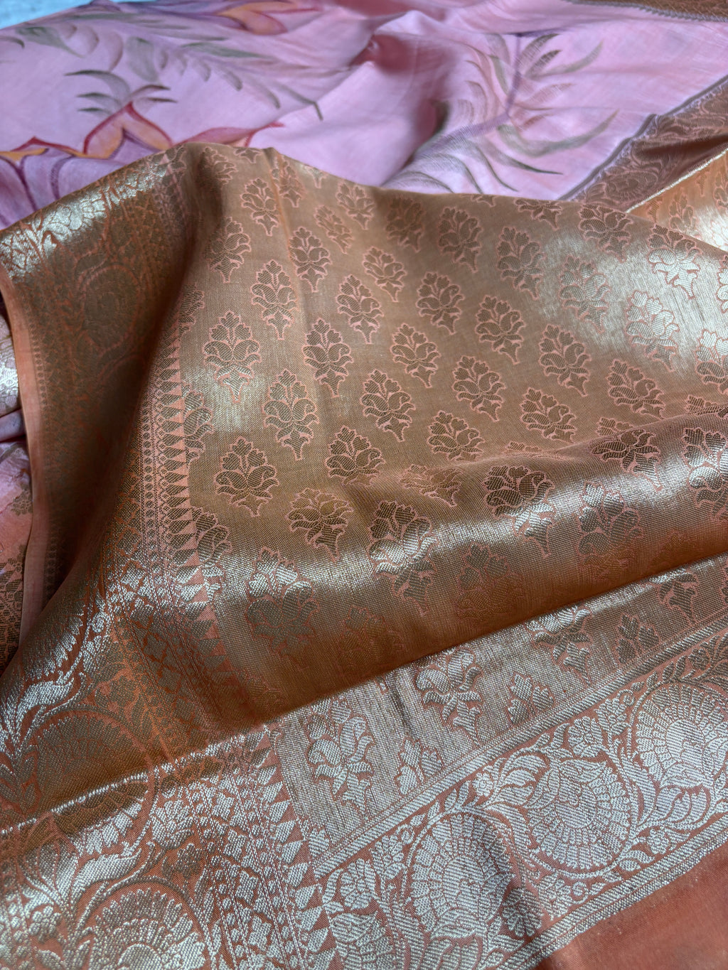 Pure Chiniya Silk Handloom Banarasi Saree With All Over Handpaint