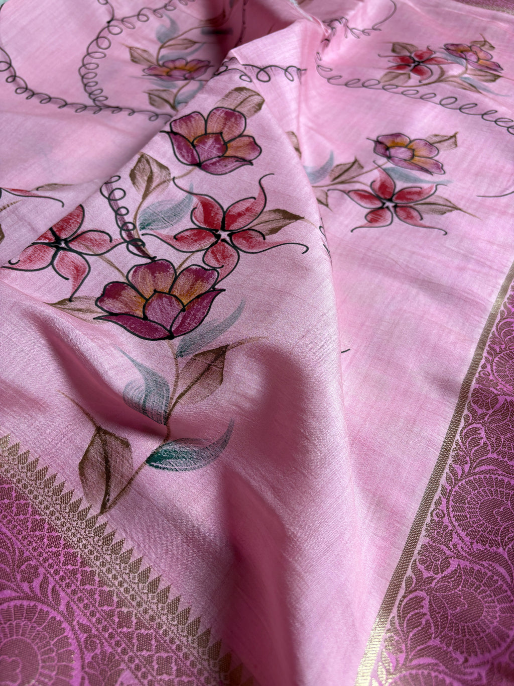 Pure Chiniya Silk Handloom Banarasi Saree With All Over Handpaint