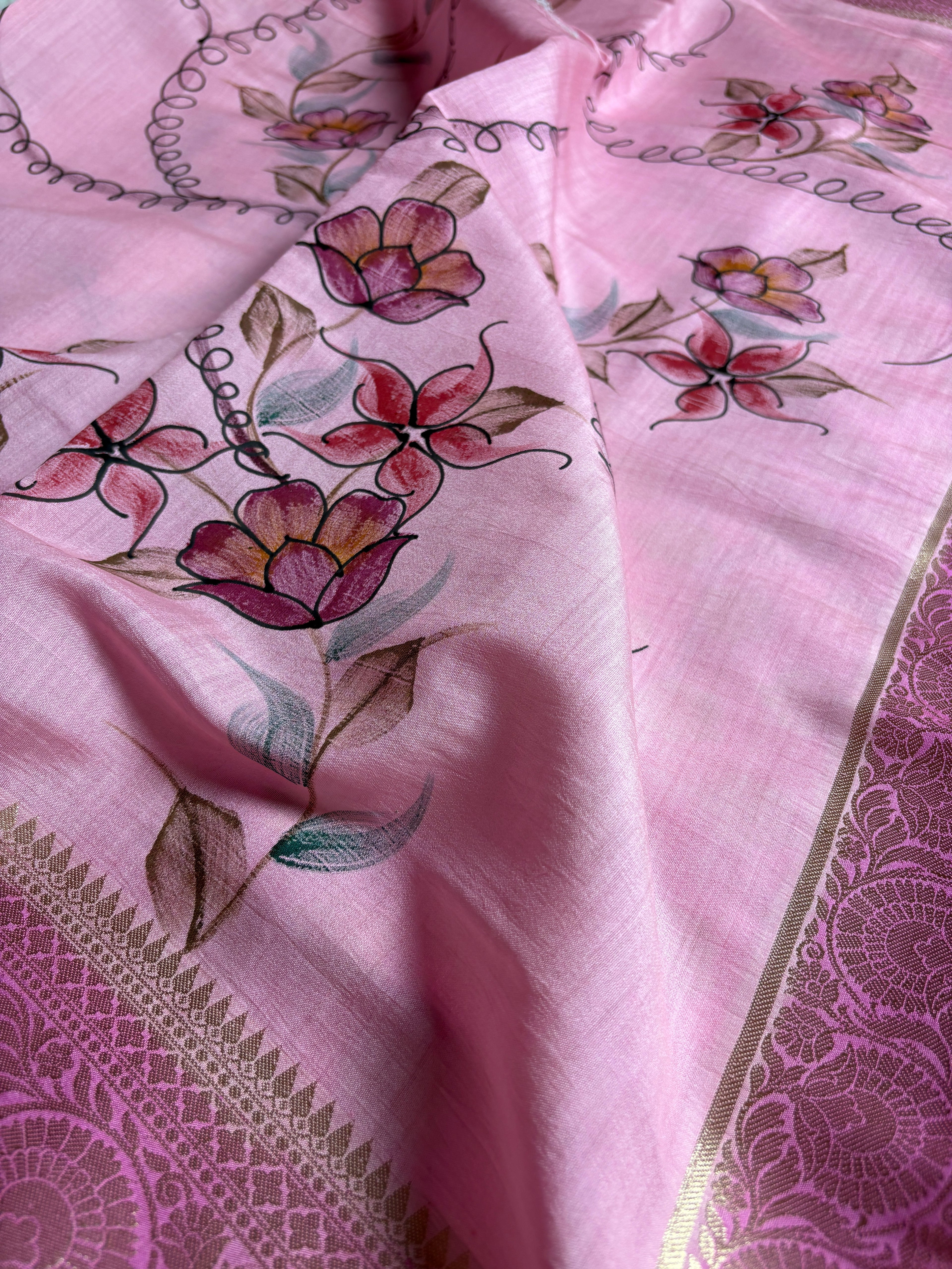 Pure Chiniya Silk Handloom Banarasi Saree With All Over Handpaint