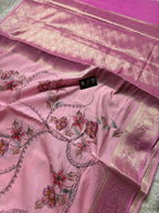 Pure Chiniya Silk Handloom Banarasi Saree With All Over Handpaint