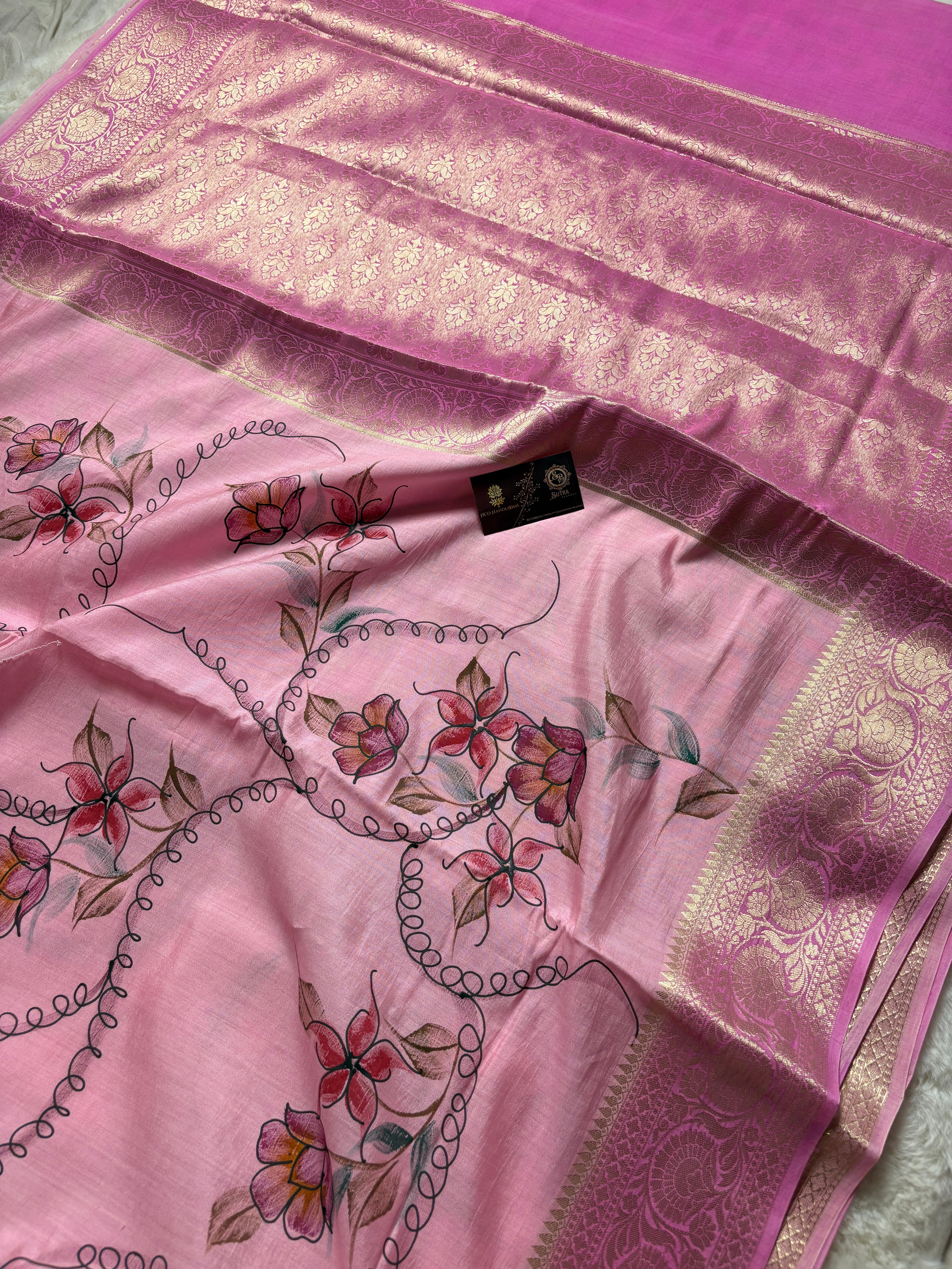 Pure Chiniya Silk Handloom Banarasi Saree With All Over Handpaint