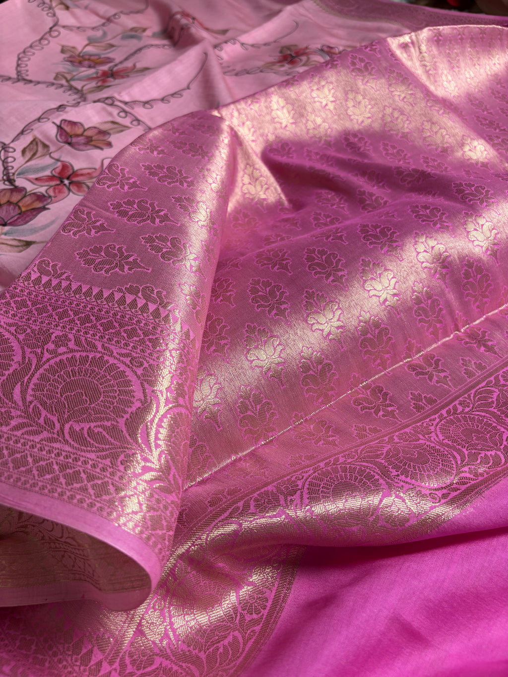 Pure Chiniya Silk Handloom Banarasi Saree With All Over Handpaint