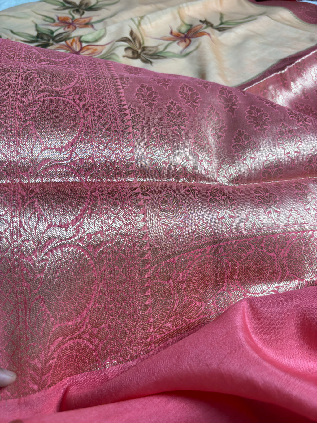 Pure Chiniya Silk Handloom Banarasi Saree With All Over Handpaint
