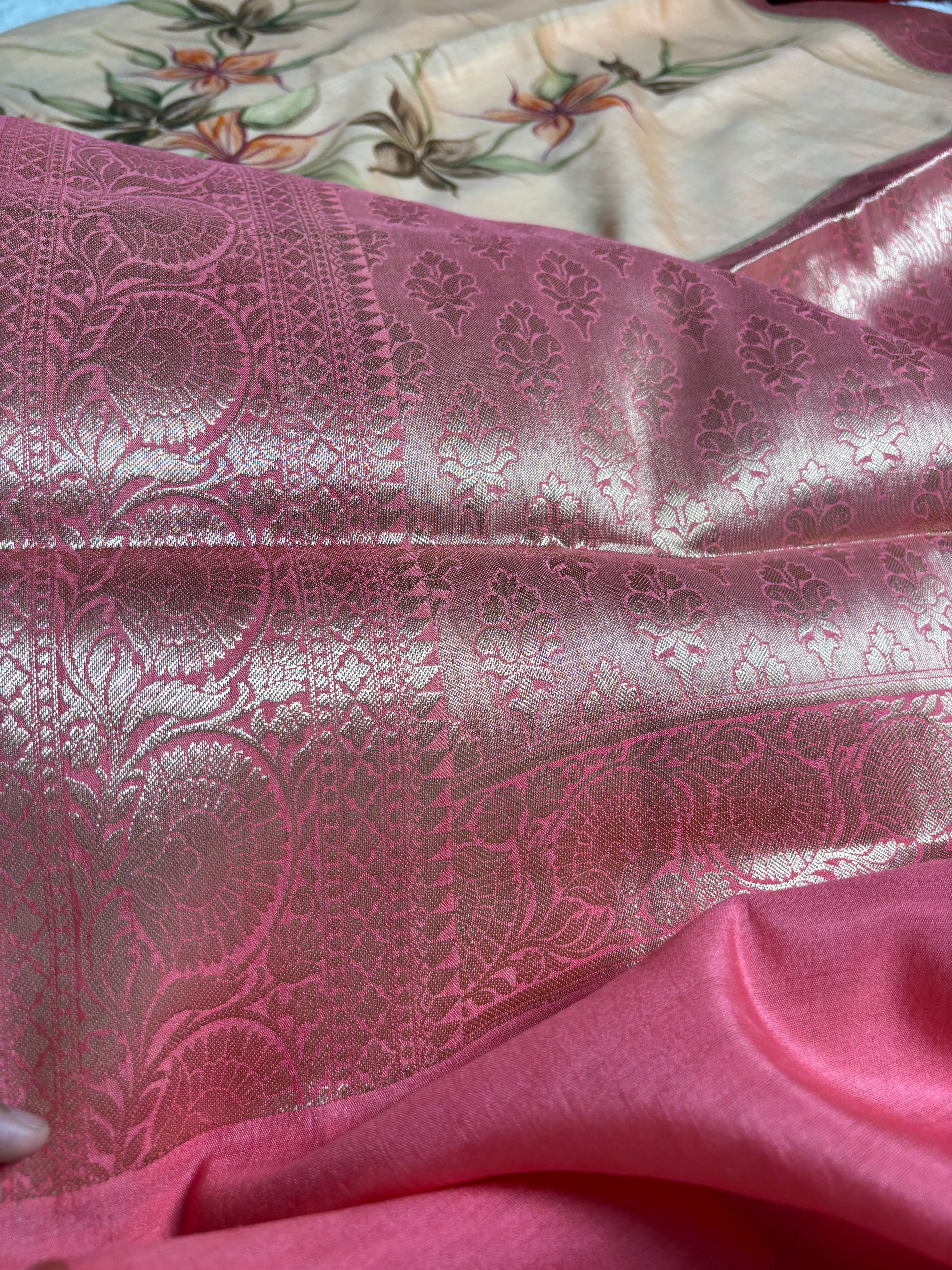 Pure Chiniya Silk Handloom Banarasi Saree With All Over Handpaint