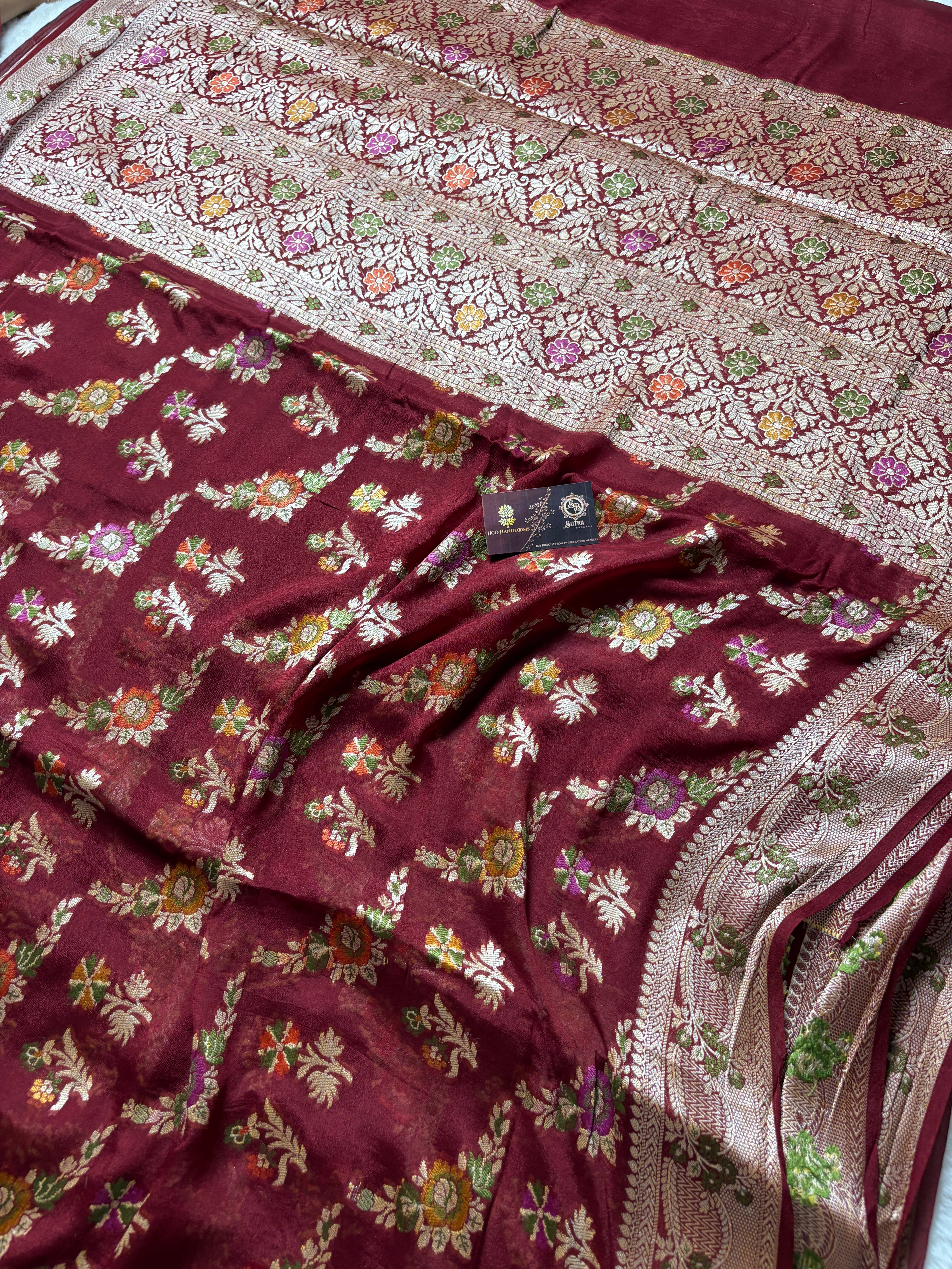 Pure Chiffon Silk Khaddi Banarasi Saree With Floral Motifs