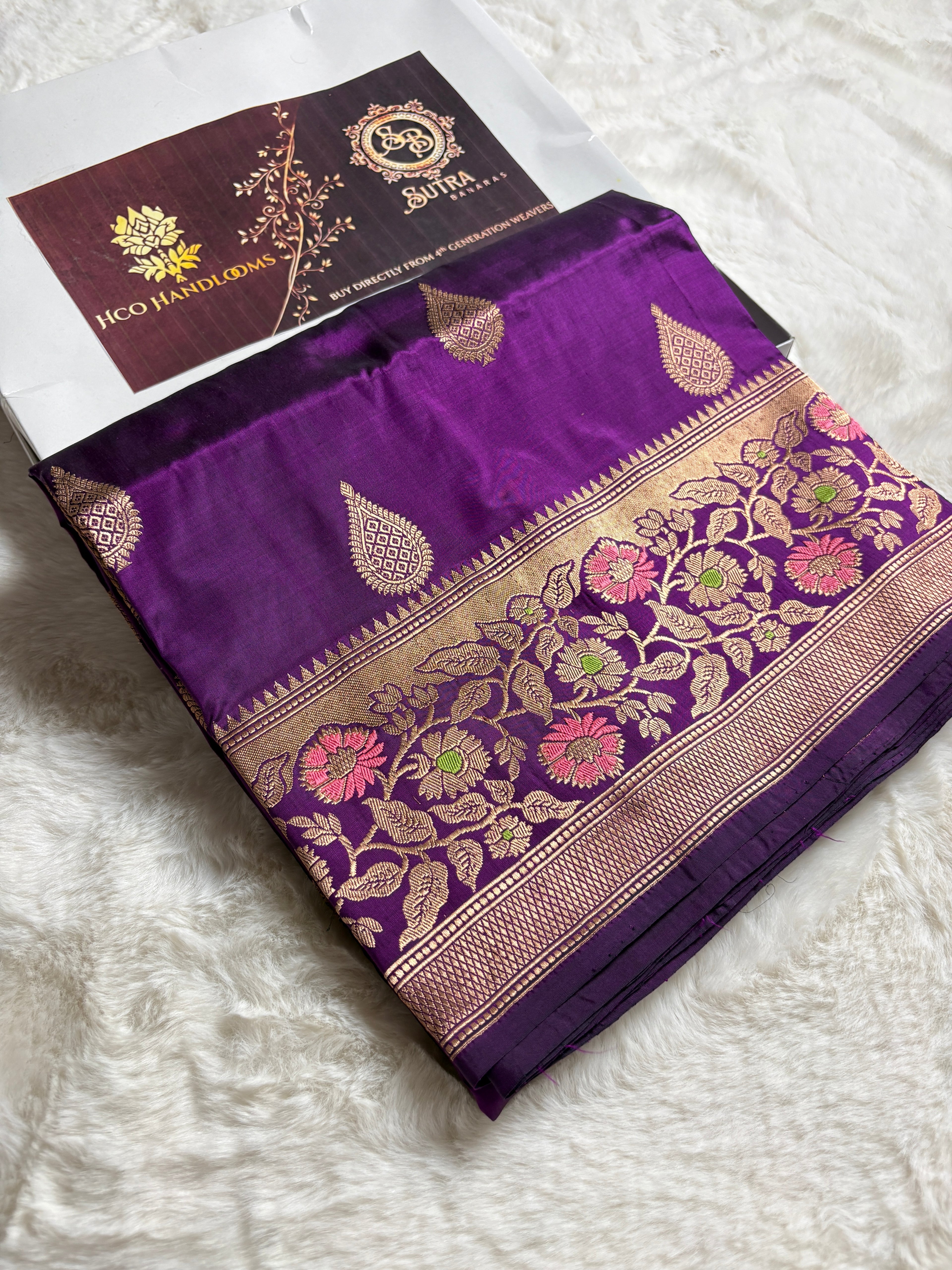 Purple Pure Mango Katan Silk Handloom Meenakari Banarasi Saree - All Over Kadhua Motifs