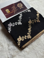 Black Pure Kora Silk Handloom Banarasi Saree - All Over Kadhua Lahariya