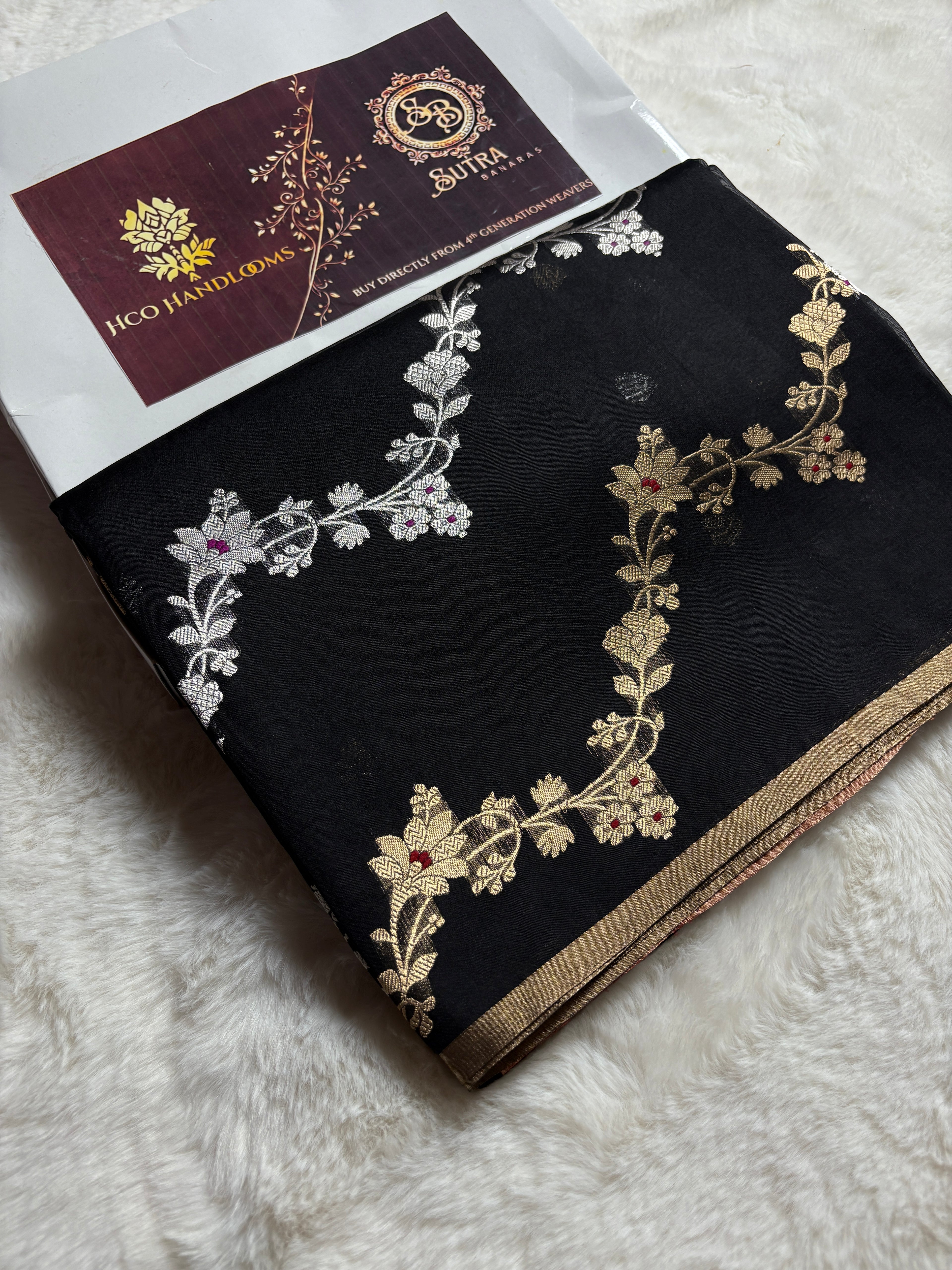 Black Pure Kora Silk Handloom Banarasi Saree - All Over Kadhua Lahariya