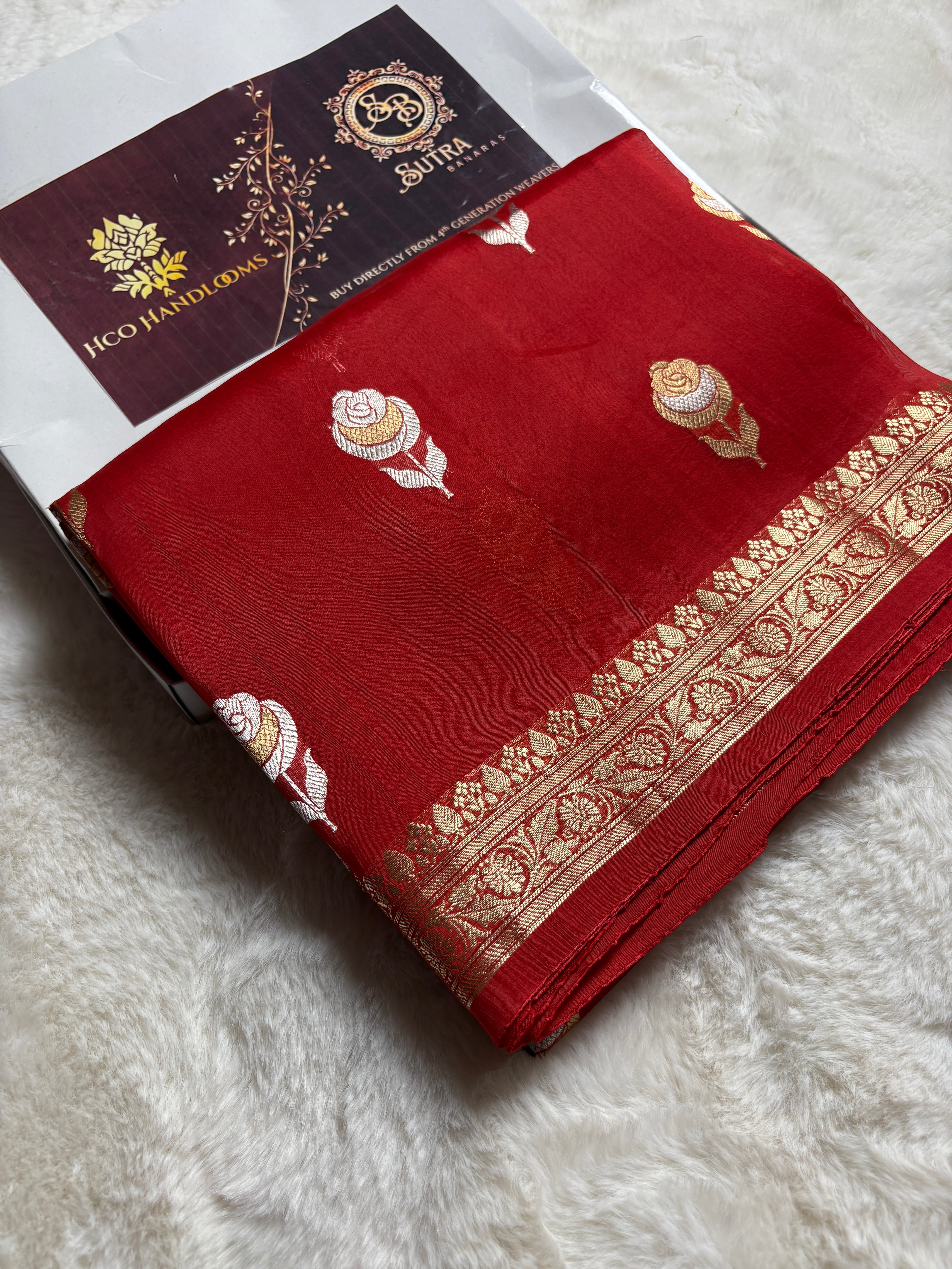 Red Pure Kora Silk Handloom Banarasi Saree - All Over Kadhua Motifs