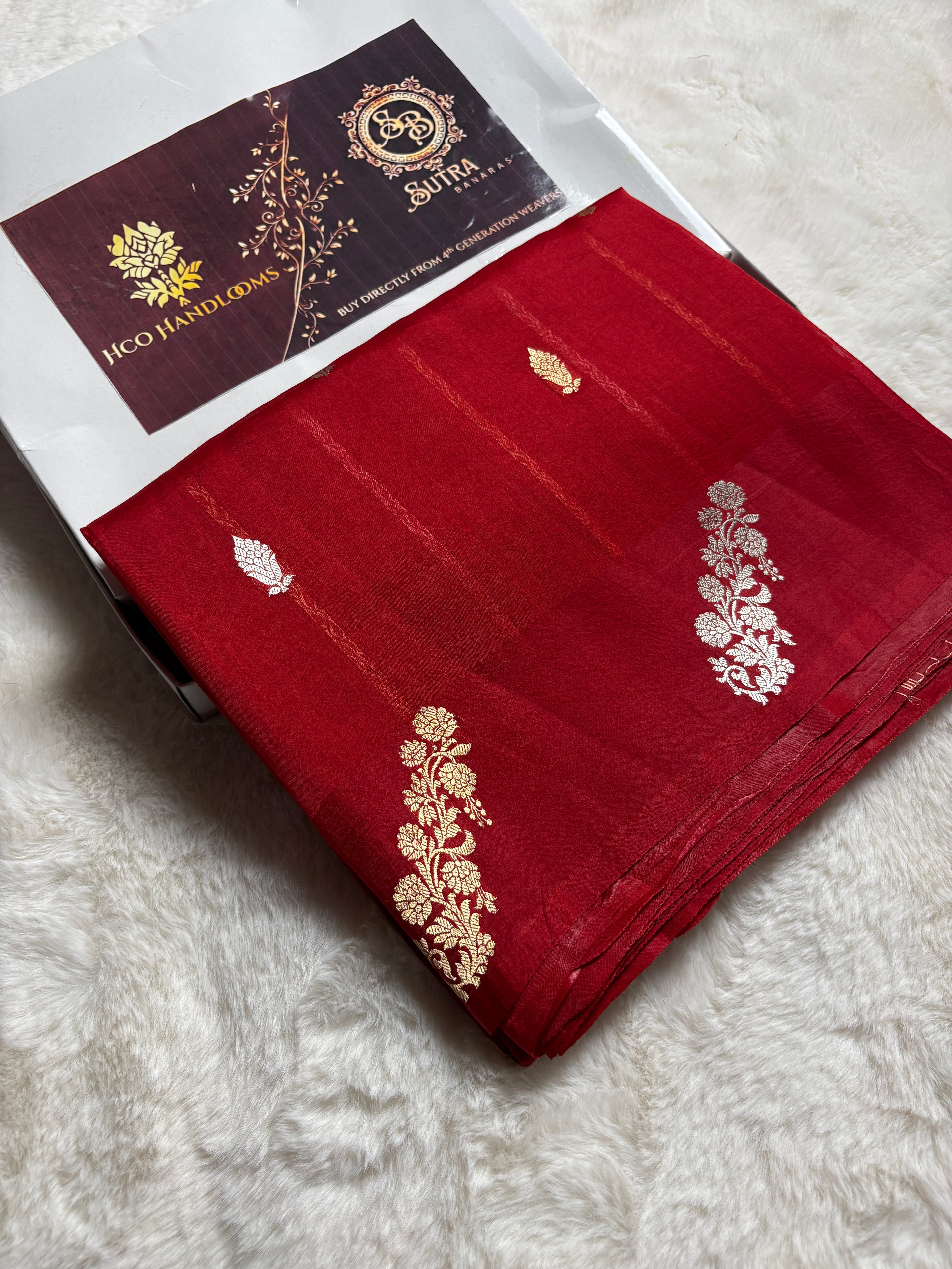 Red Pure Kora Silk Handloom Banarasi Saree - All Over Kadhua Motifs