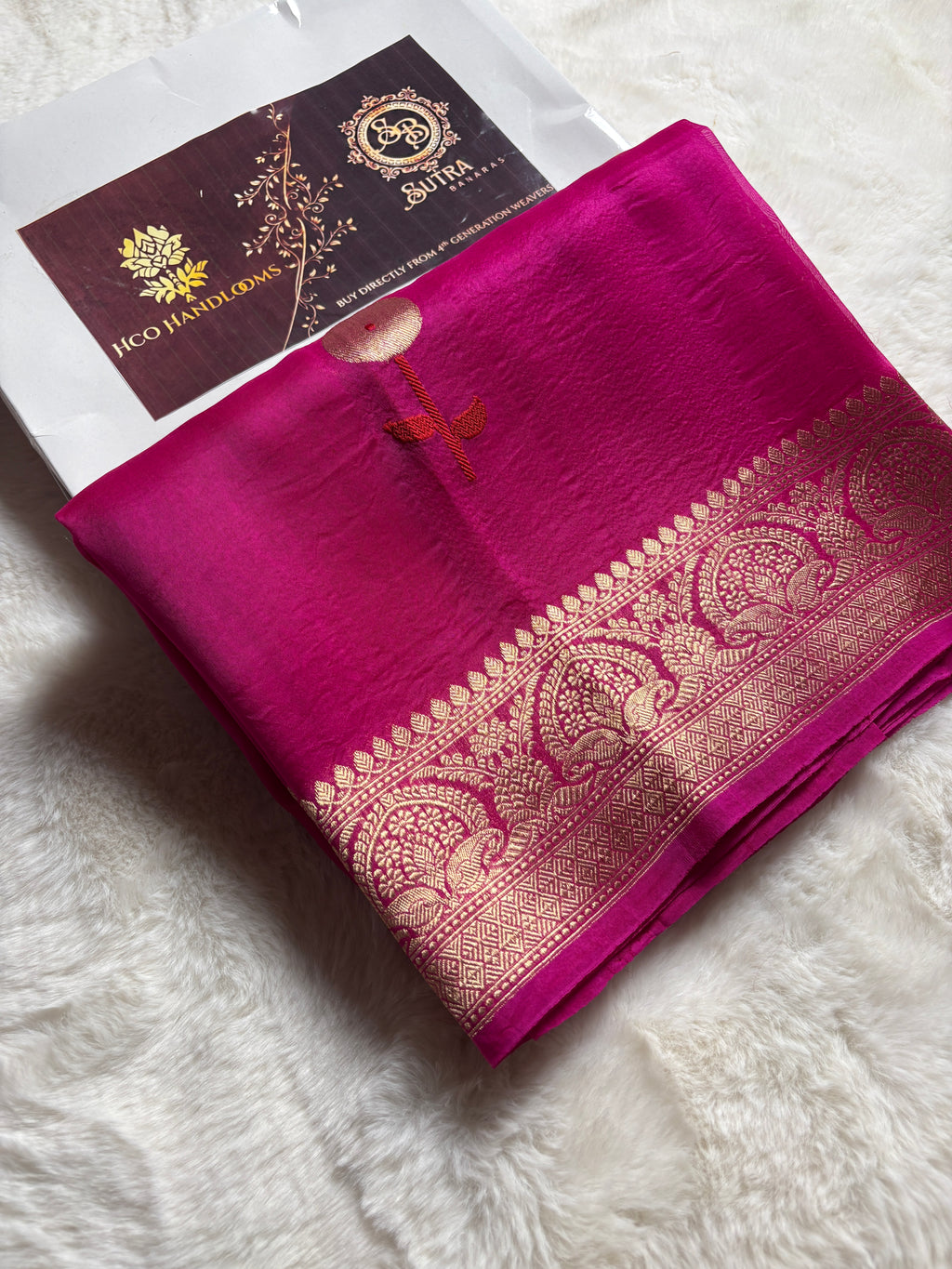 Hot Pink Pure Kora Silk Handloom Banarasi Saree - All Over Kadhua Motifs