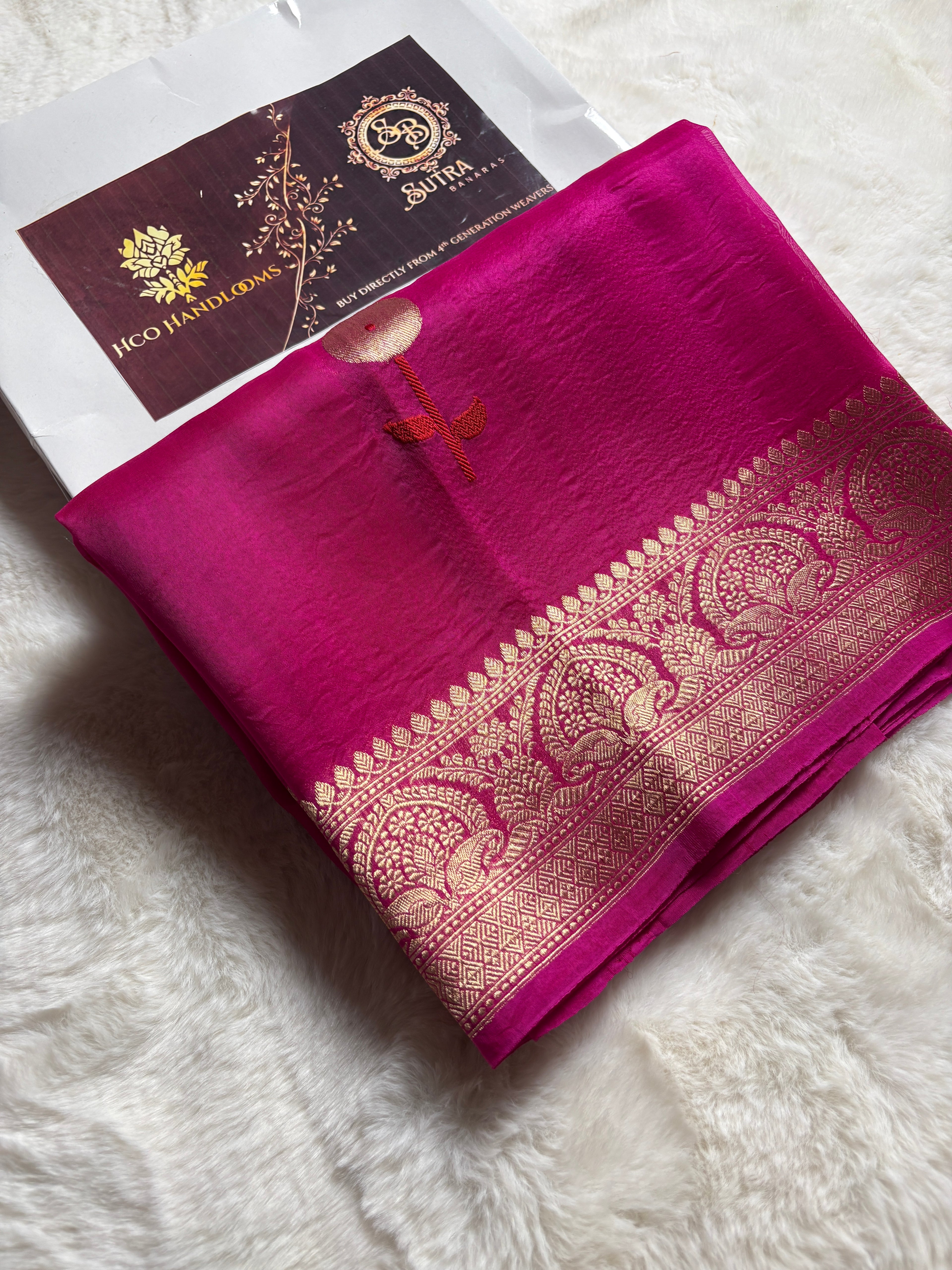 Hot Pink Pure Kora Silk Handloom Banarasi Saree - All Over Kadhua Motifs