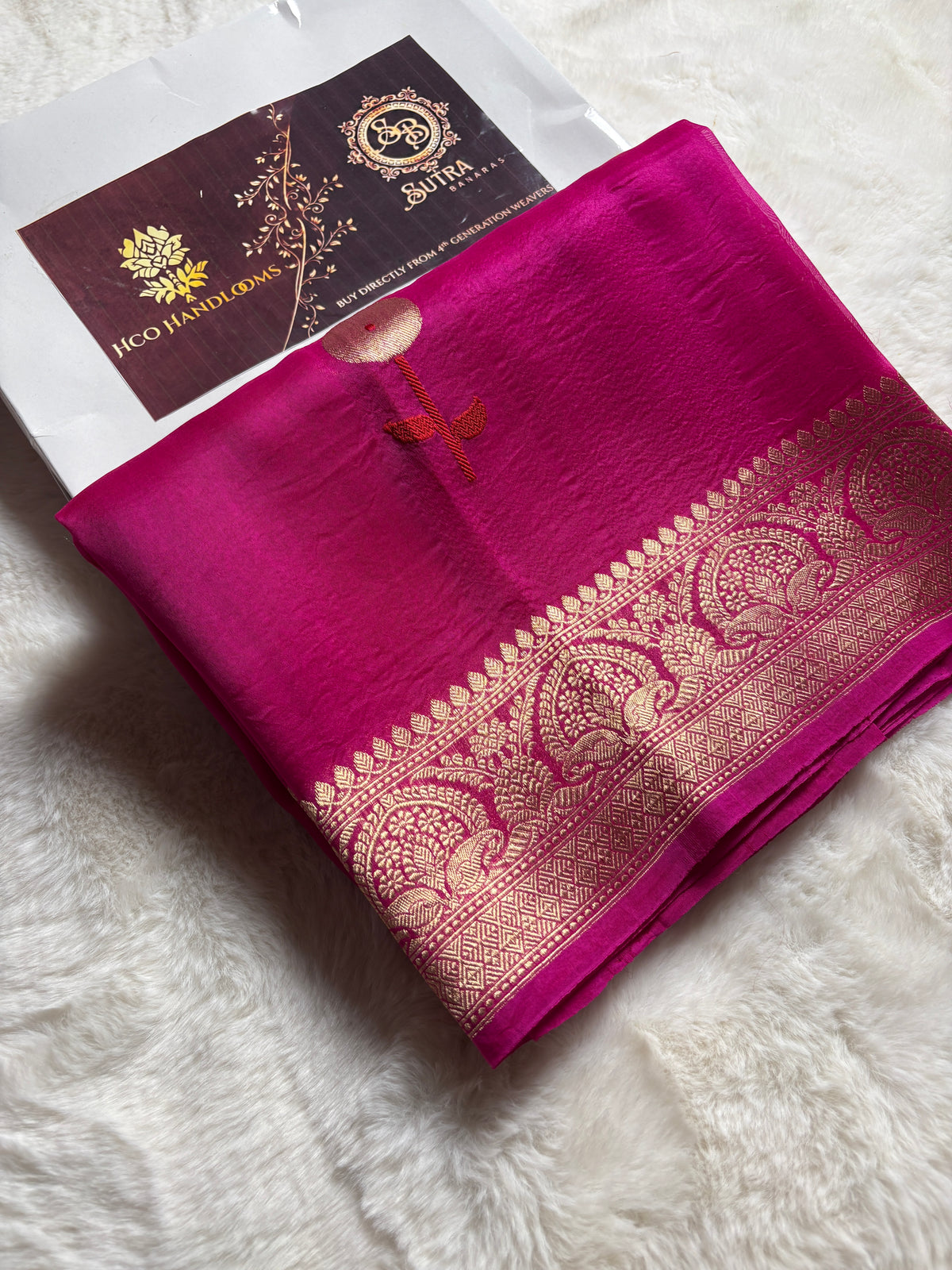 Hot Pink Pure Kora Silk Handloom Banarasi Saree - All Over Kadhua Motifs