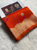 Orange Pure Kora Silk Handloom Banarasi Saree - All Over Kadhua Motifs