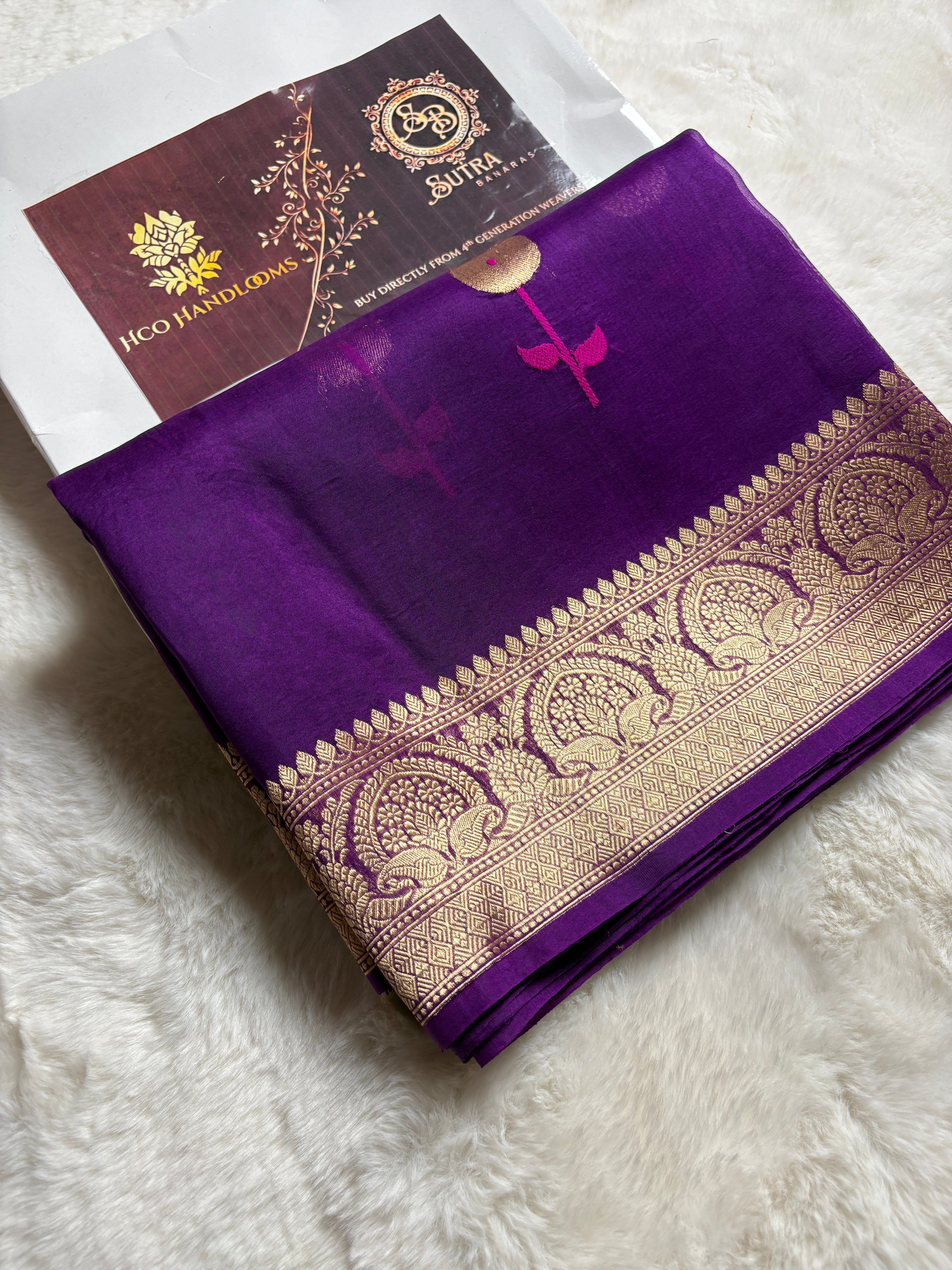 Purple Pure Kora Silk Handloom Banarasi Saree - All Over Kadhua Motifs