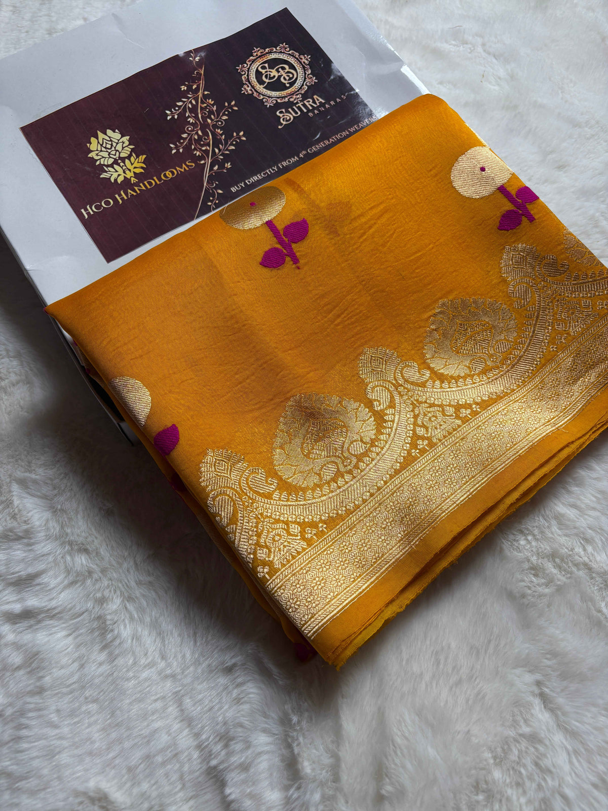 Gold Pure Kora Silk Handloom Banarasi Saree - All Over Kadhua Motifs