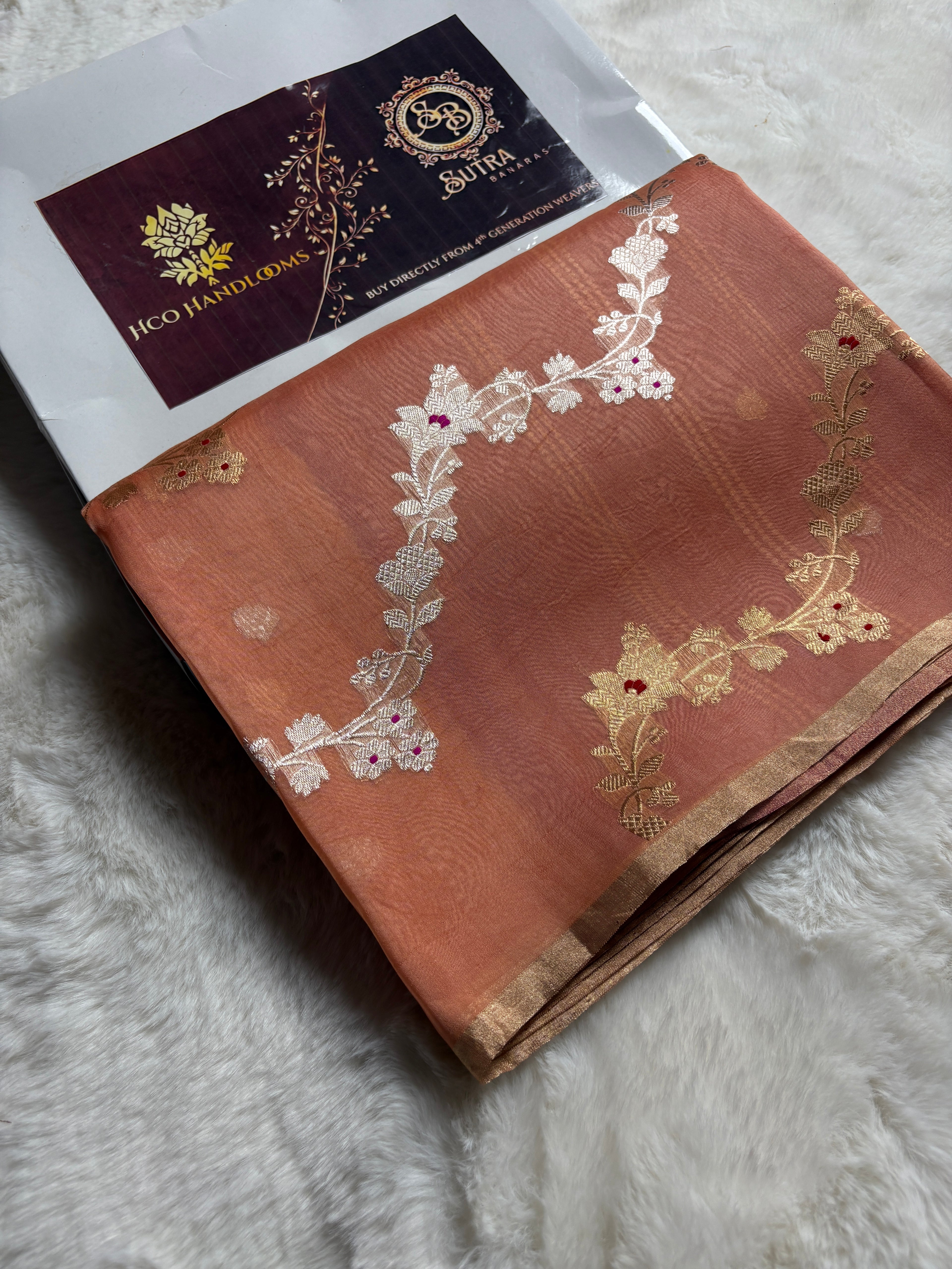 Copper Pure Kora Silk Handloom Banarasi Saree - All Over Kadhua Lahariya