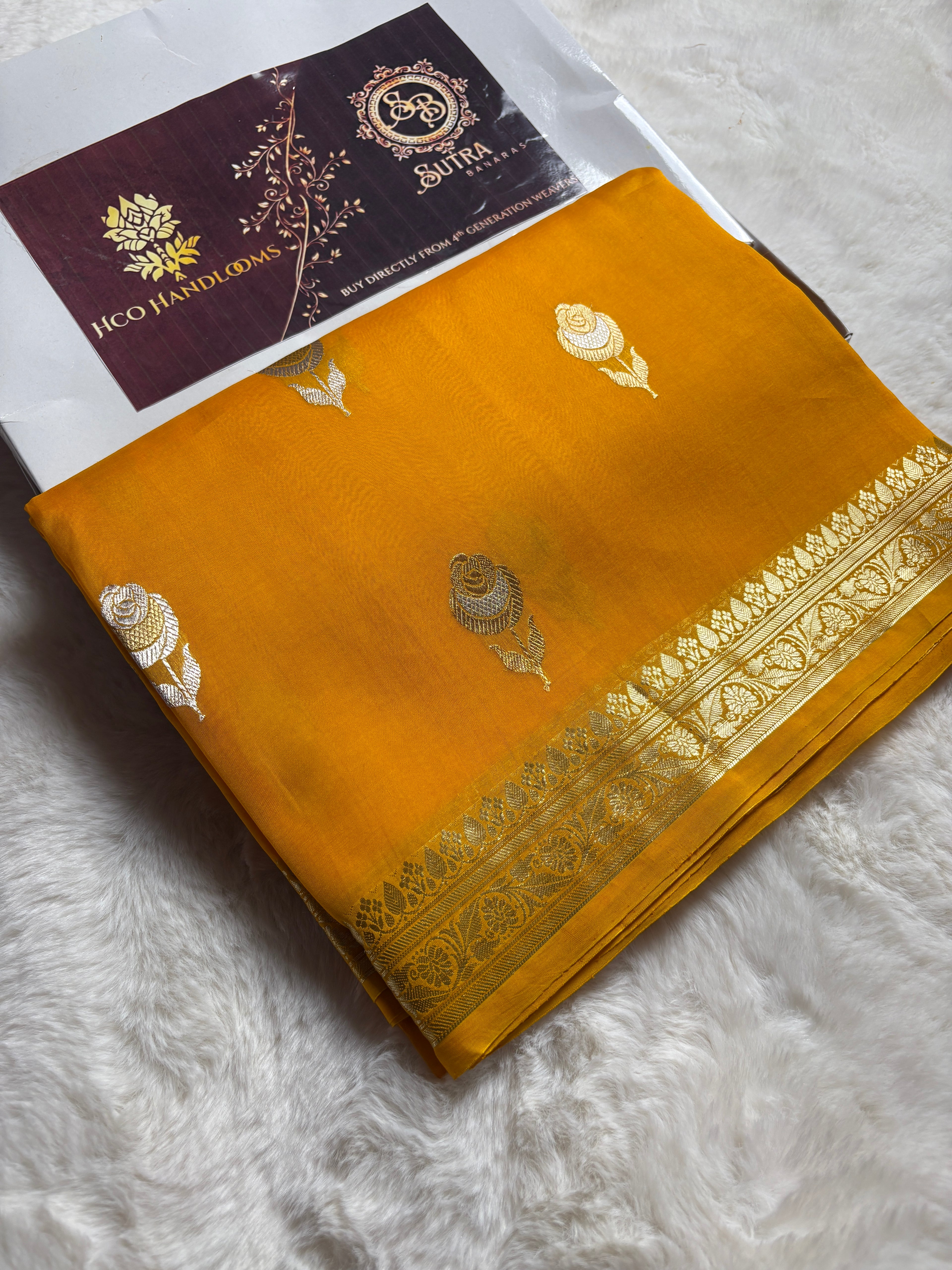 Gold Pure Kora Silk Handloom Banarasi Saree - All Over Kadhua Motifs