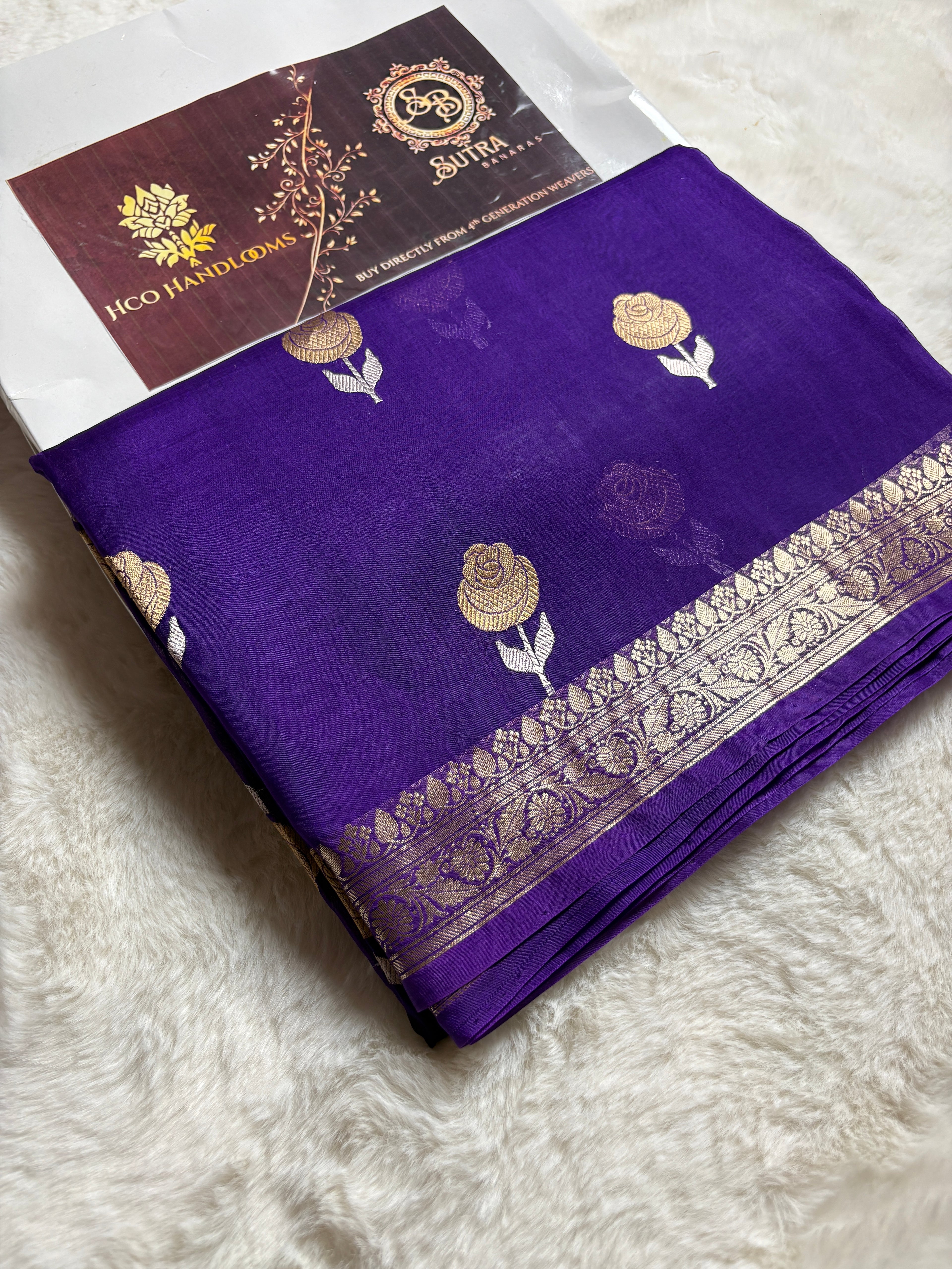 Purple Pure Kora Silk Handloom Banarasi Saree - All Over Kadhua Motifs