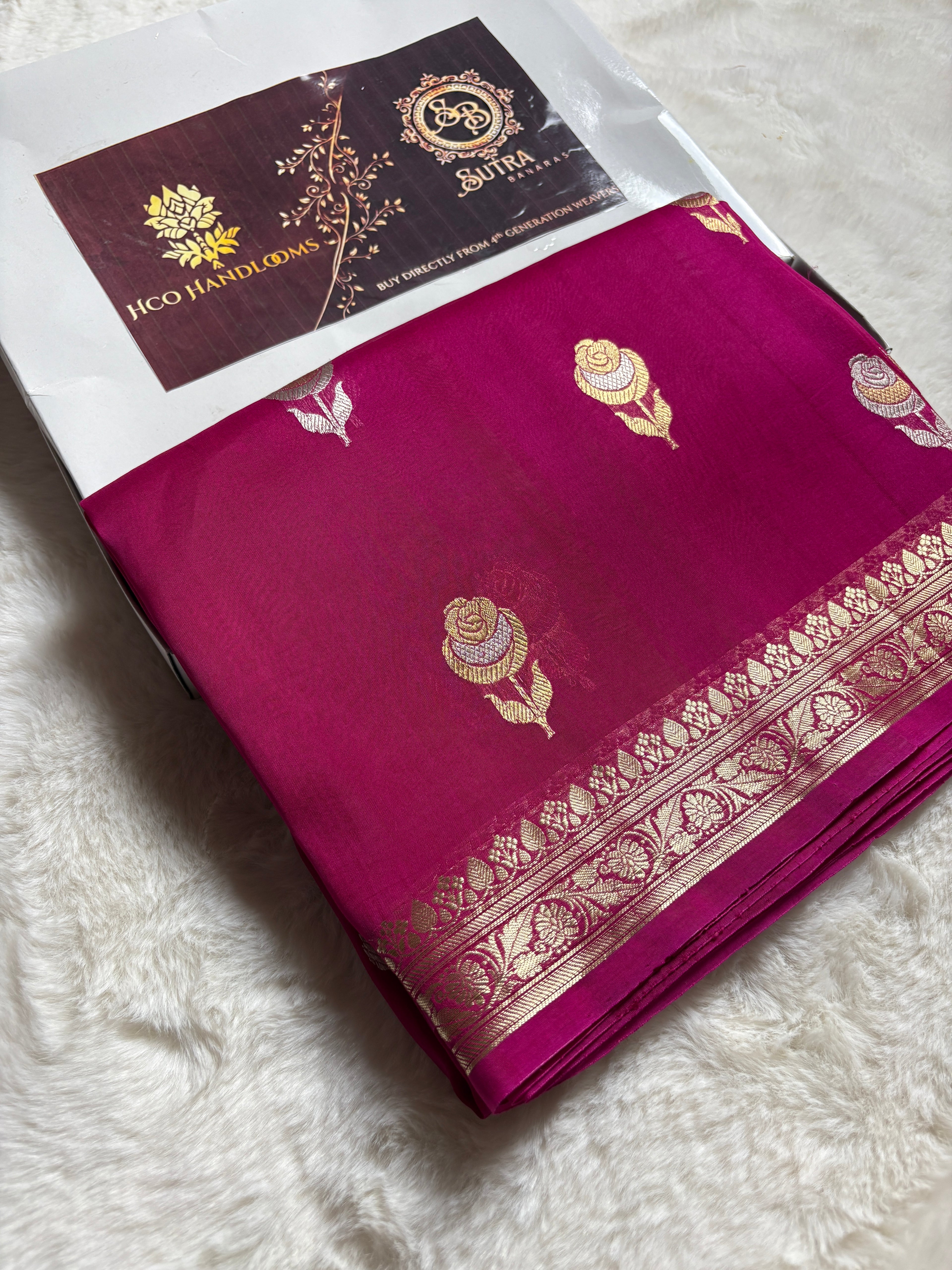 Hot Pink Pure Kora Silk Handloom Banarasi Saree - All Over Kadhua Motifs