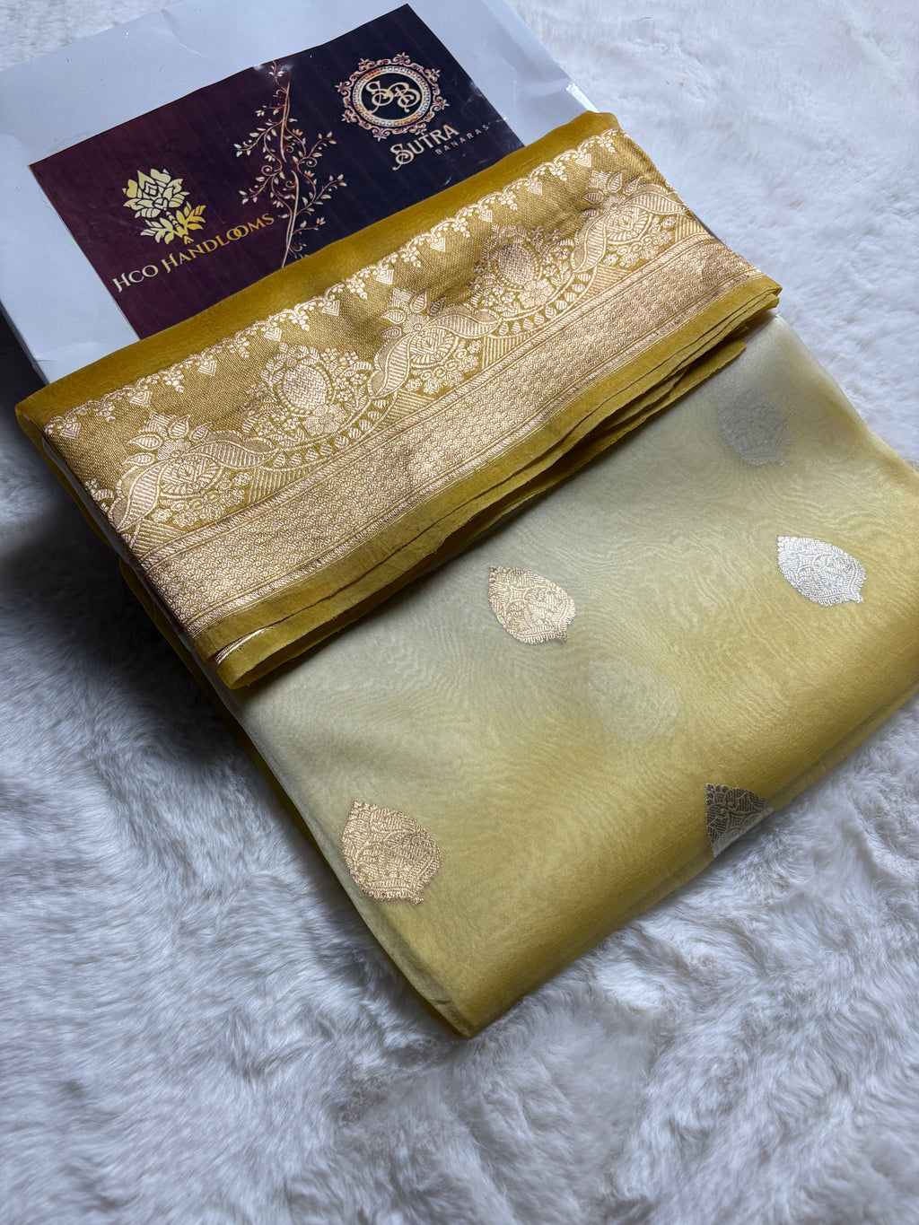 Yellow Contrast Gradient Pure Kora Silk Handloom Banarasi Saree - All Over Kadhua Motifs