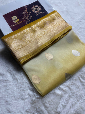 Yellow Contrast Gradient Pure Kora Silk Handloom Banarasi Saree - All Over Kadhua Motifs
