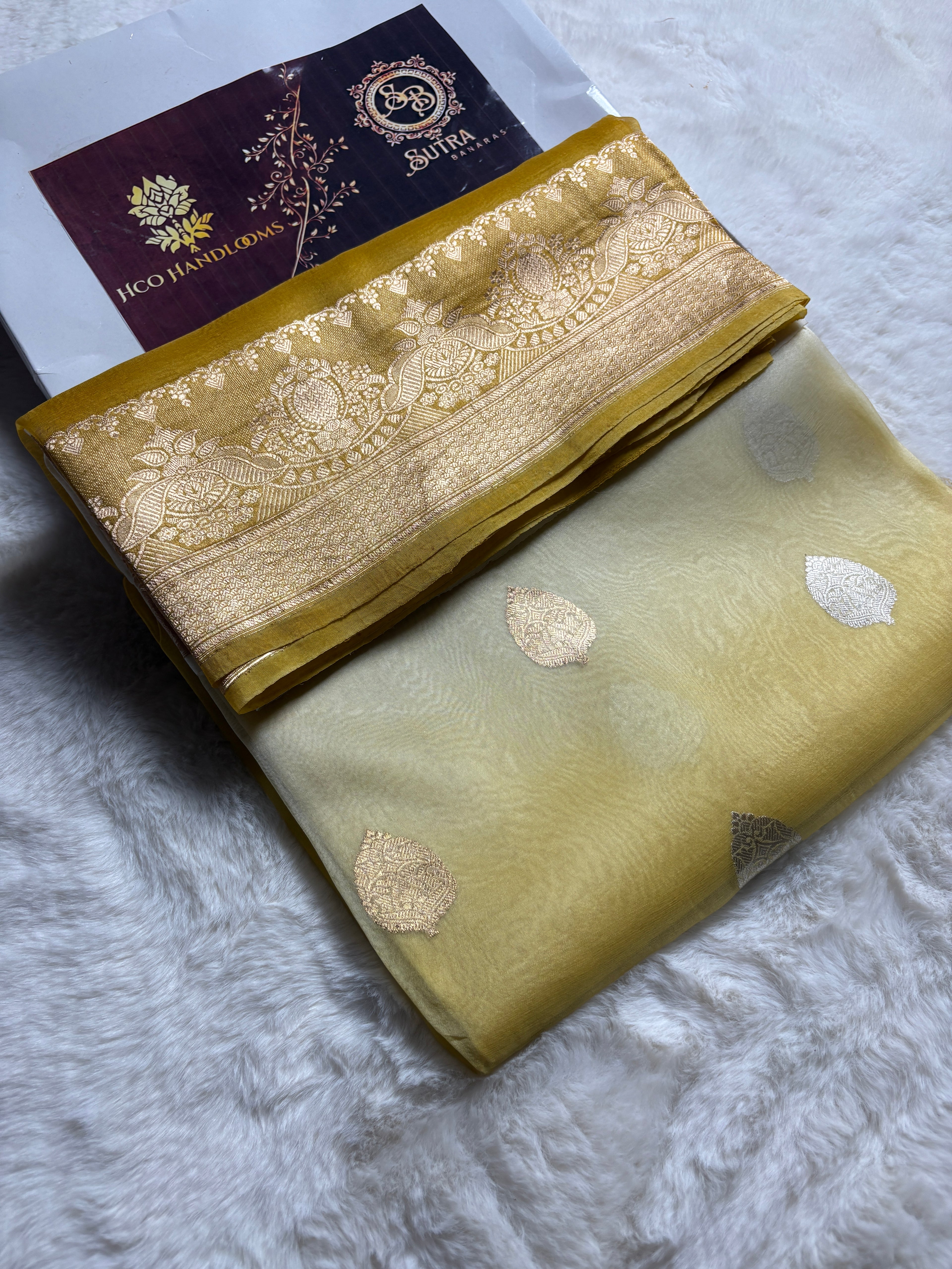 Yellow Contrast Gradient Pure Kora Silk Handloom Banarasi Saree - All Over Kadhua Motifs