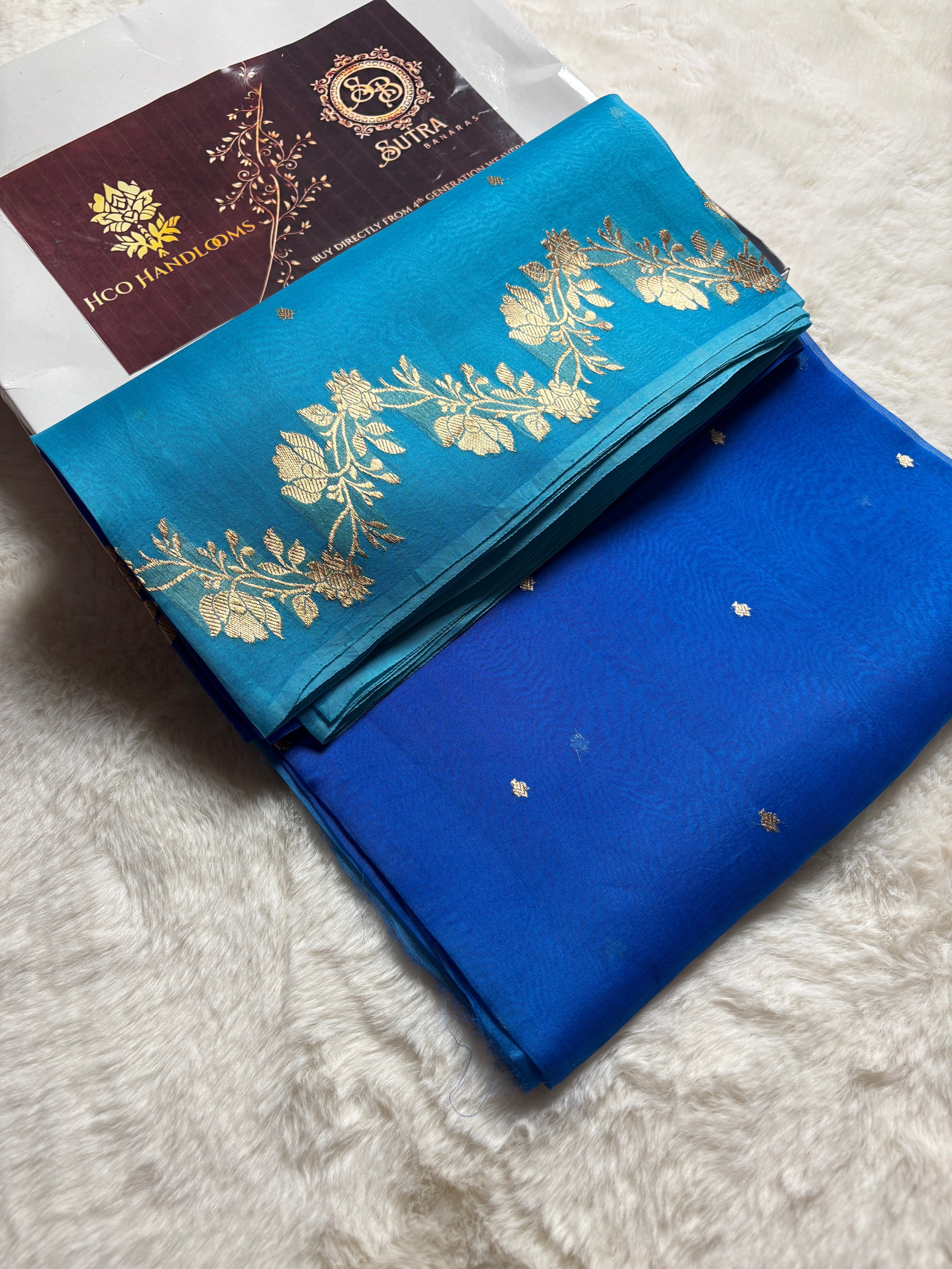 Light Blue Contrast Pure Kora Silk Handloom Banarasi Saree - All Over Kadhua Motifs