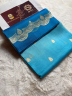Blue & Light Pure Kora Silk Handloom Banarasi Saree - All Over Kadhua Motifs
