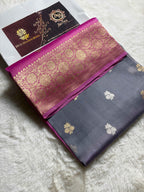 Pink & Gray Pure Kora Silk Handloom Banarasi Saree - All Over Kadhua Motifs