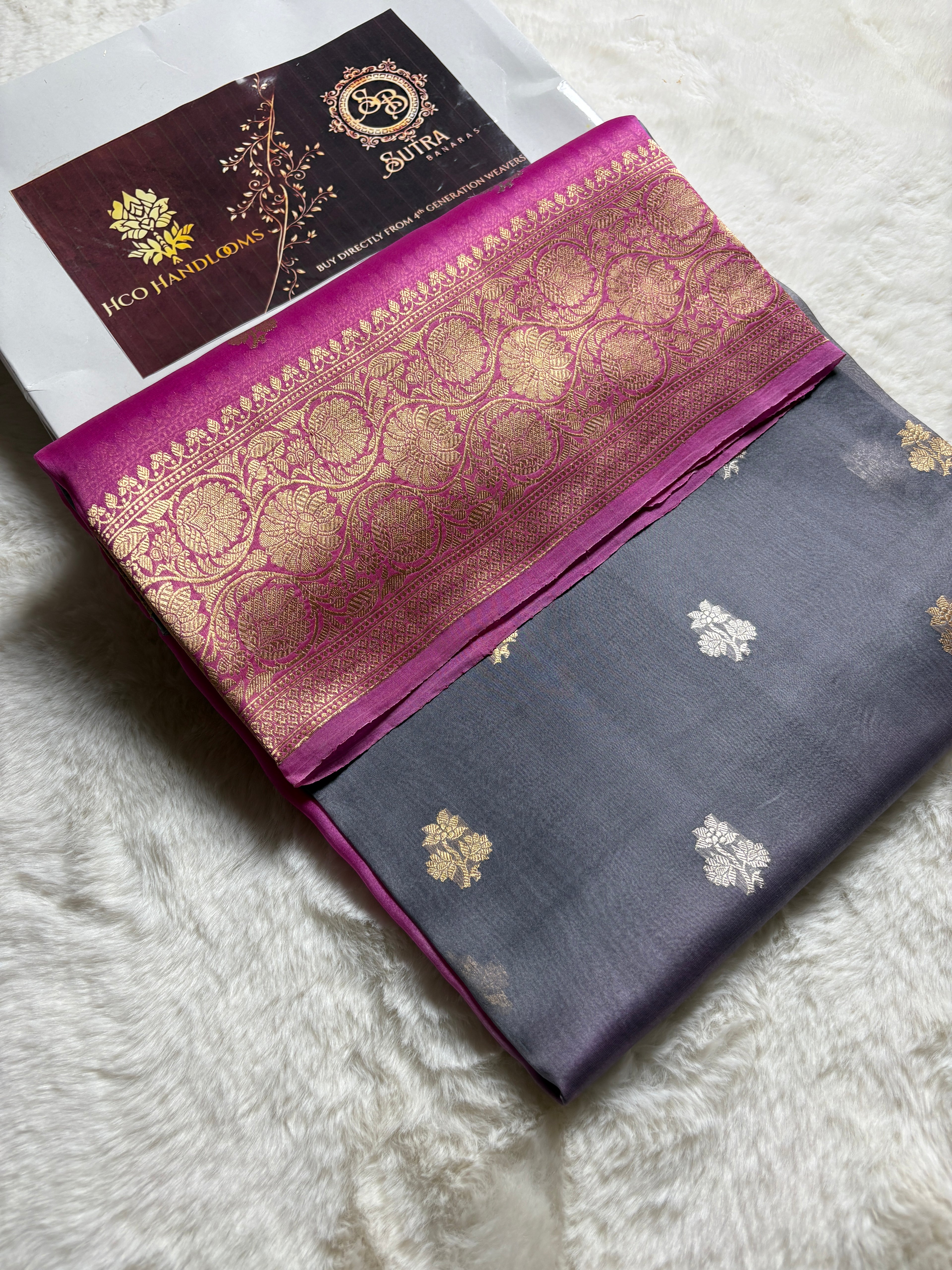 Pink & Gray Pure Kora Silk Handloom Banarasi Saree - All Over Kadhua Motifs