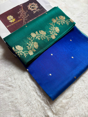 Blue & Sea Green Pure Kora Silk Handloom Banarasi Saree - All Over Kadhua Motifs