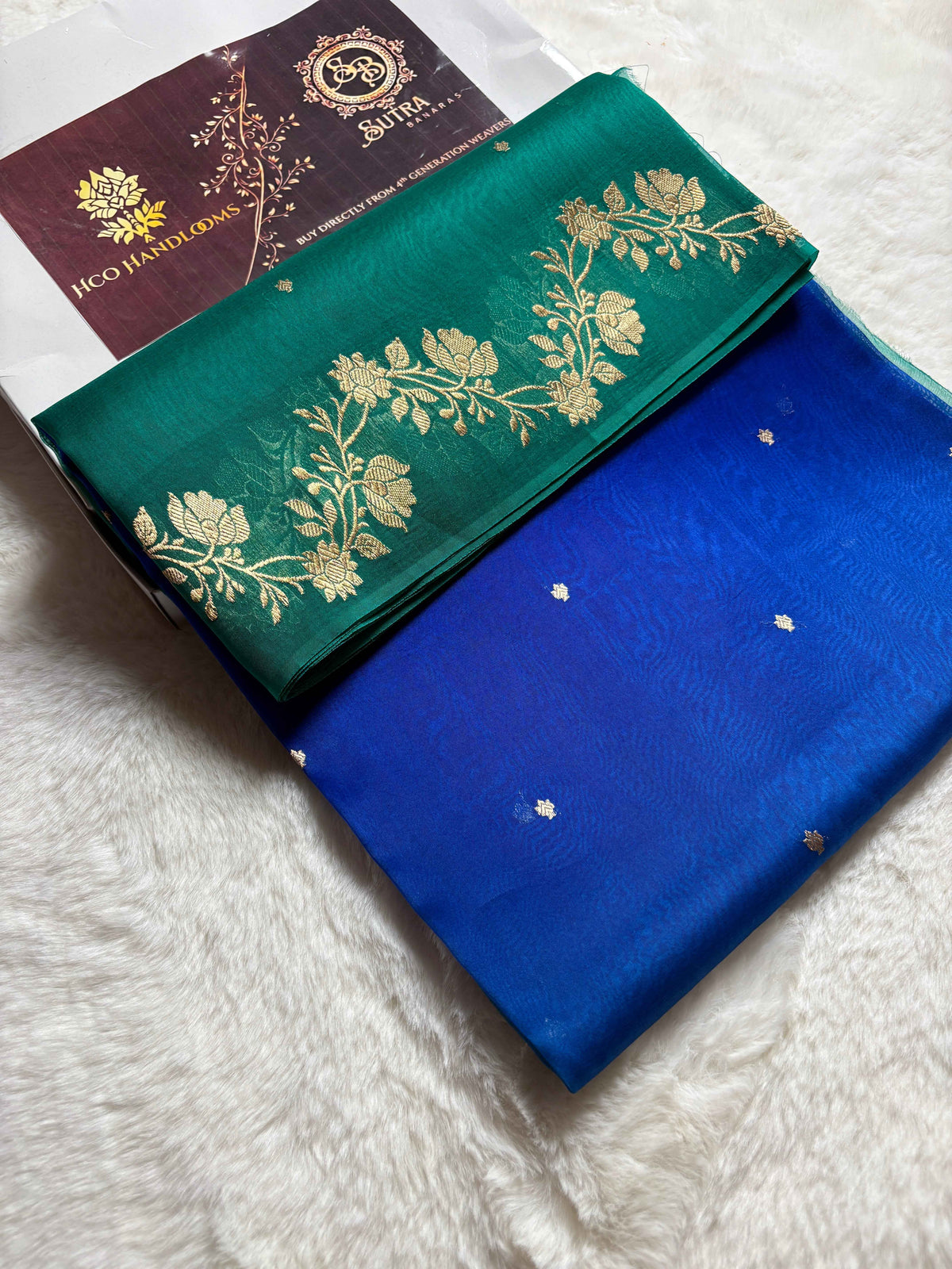 Blue & Sea Green Pure Kora Silk Handloom Banarasi Saree - All Over Kadhua Motifs