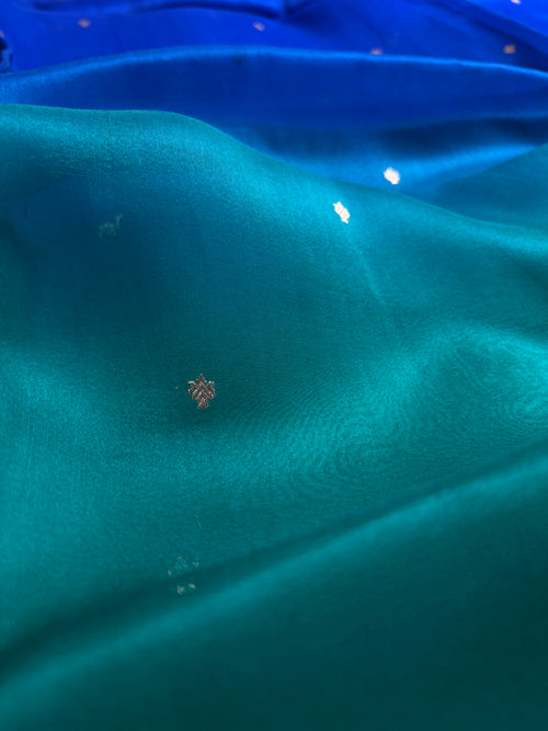 Blue & Sea Green Pure Kora Silk Handloom Banarasi Saree - All Over Kadhua Motifs