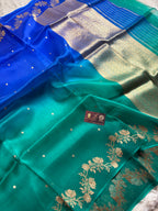 Blue & Sea Green Pure Kora Silk Handloom Banarasi Saree - All Over Kadhua Motifs