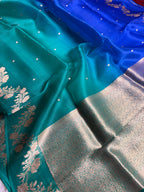 Blue & Sea Green Pure Kora Silk Handloom Banarasi Saree - All Over Kadhua Motifs