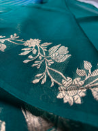 Blue & Sea Green Pure Kora Silk Handloom Banarasi Saree - All Over Kadhua Motifs