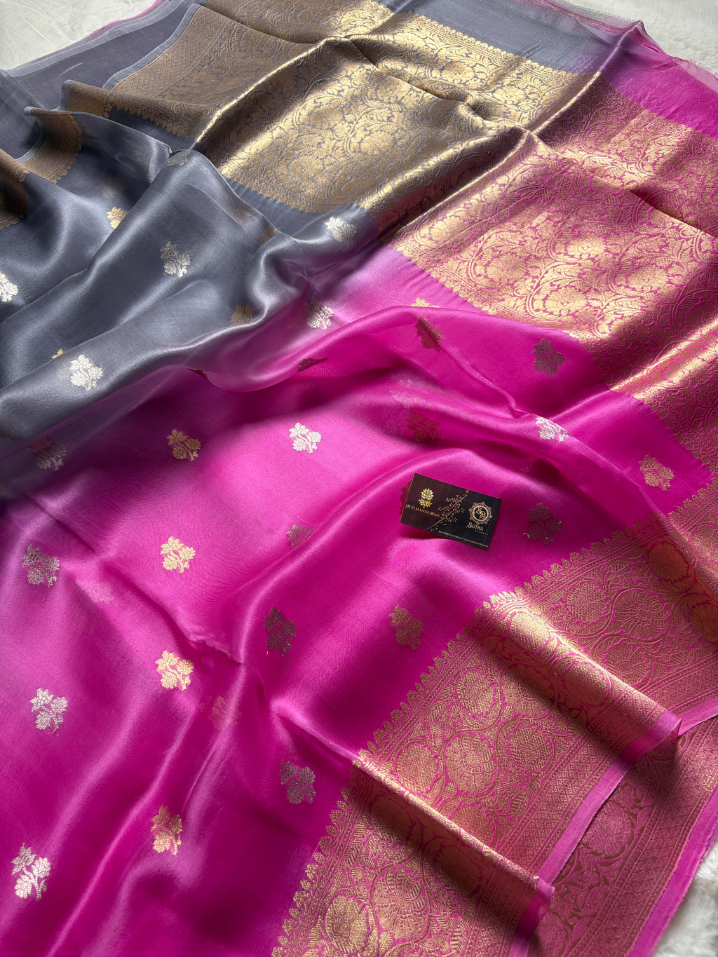 Pink & Gray Pure Kora Silk Handloom Banarasi Saree - All Over Kadhua Motifs