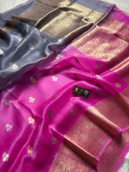 Pink & Gray Pure Kora Silk Handloom Banarasi Saree - All Over Kadhua Motifs