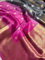 Pink & Gray Pure Kora Silk Handloom Banarasi Saree - All Over Kadhua Motifs