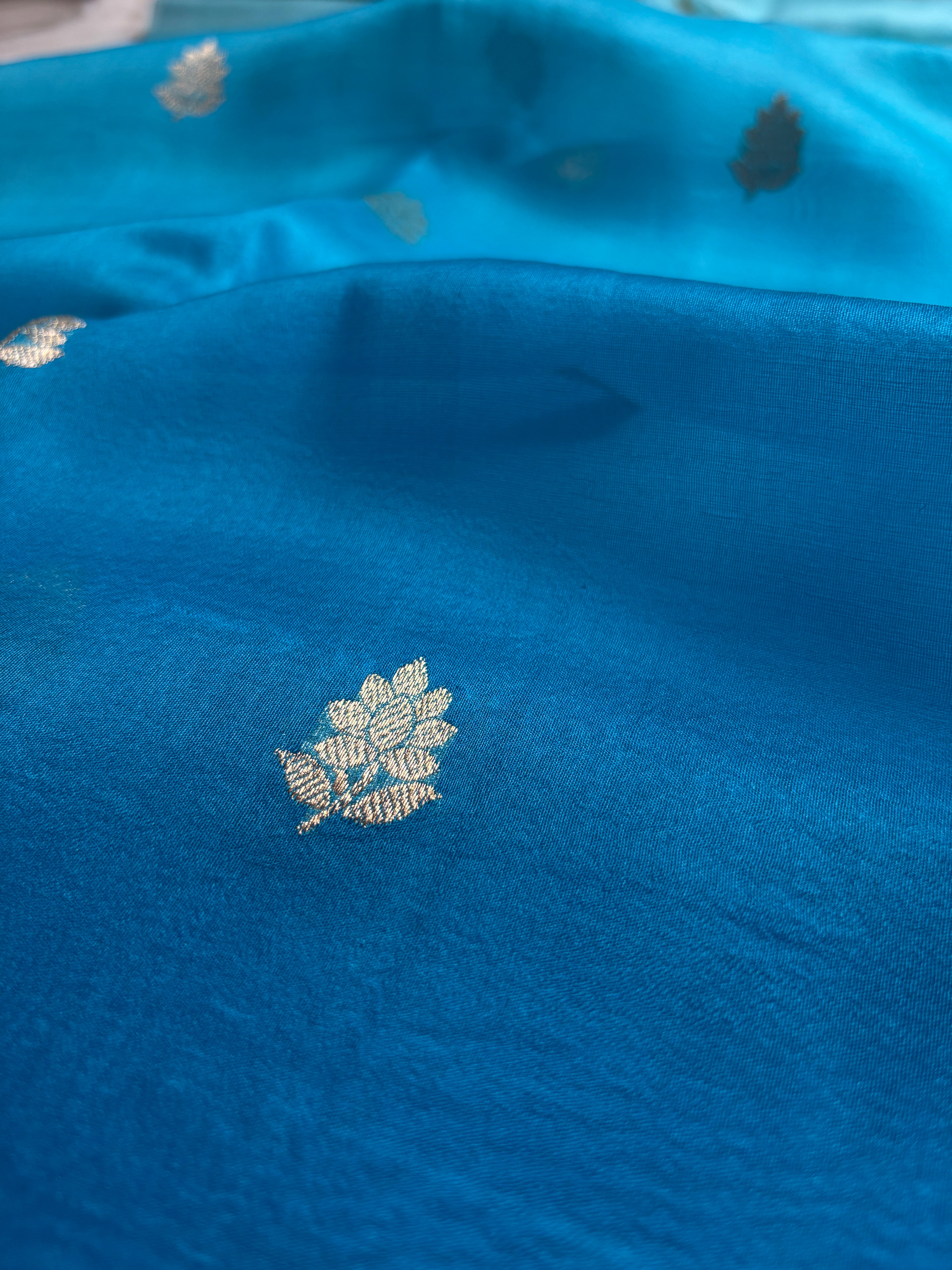 Blue & Light Pure Kora Silk Handloom Banarasi Saree - All Over Kadhua Motifs