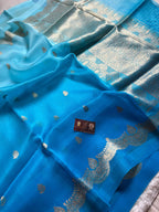 Blue & Light Pure Kora Silk Handloom Banarasi Saree - All Over Kadhua Motifs