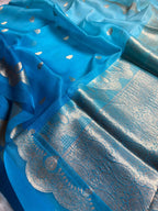 Blue & Light Pure Kora Silk Handloom Banarasi Saree - All Over Kadhua Motifs