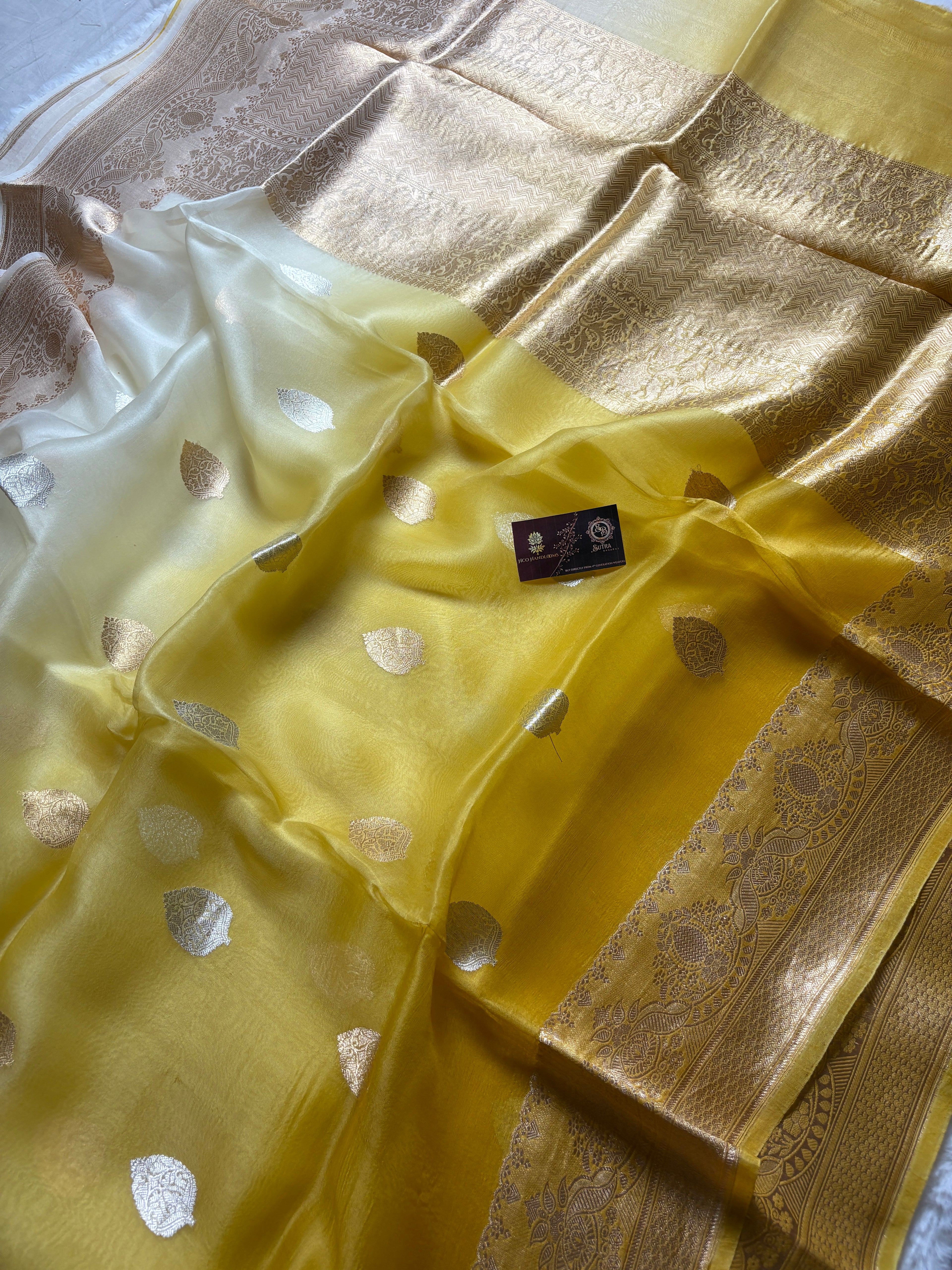Yellow Contrast Gradient Pure Kora Silk Handloom Banarasi Saree - All Over Kadhua Motifs
