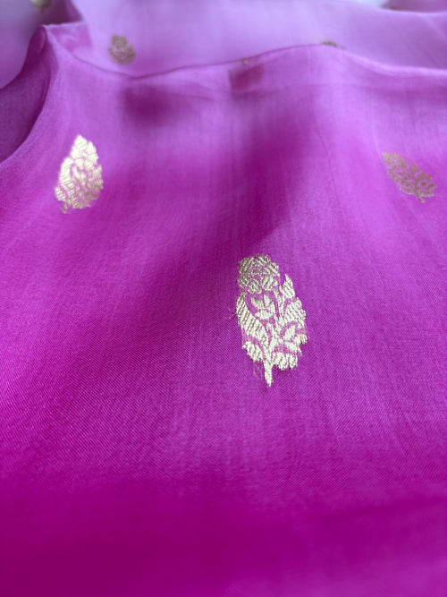 Hot Pink & Lght Pink Pure Kora Silk Handloom Banarasi Saree - All Over Kadhua Motifs