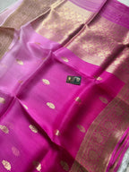 Hot Pink & Lght Pink Pure Kora Silk Handloom Banarasi Saree - All Over Kadhua Motifs